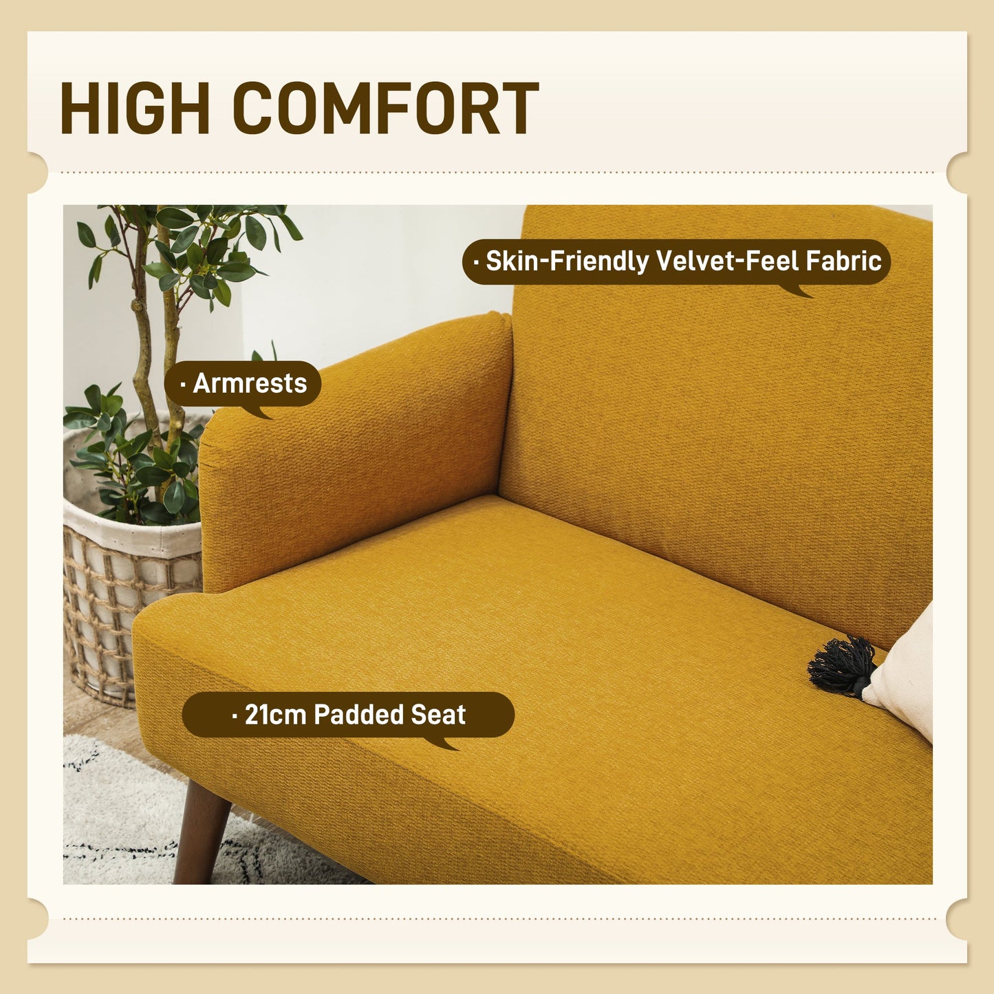 HOMCOM 2 Seater Sofa, Small Sofa Couch with 21cm Thick Padding and Wood Legs, Modern Velvet Feel Fabric Loveseat for Living Room, Bedroom, Home Office, Yellow