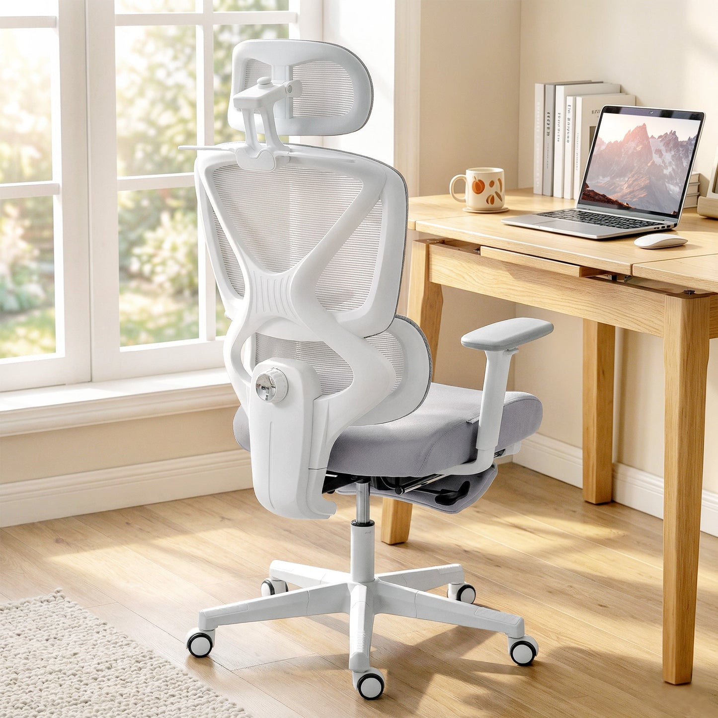 Ergonomic Office Chair, Mesh Desk Chair with 3D Armrests, Rotatable Headrest, Adjustable Lumbar Support, Coat Hanger, Footrest for Home Office, Grey