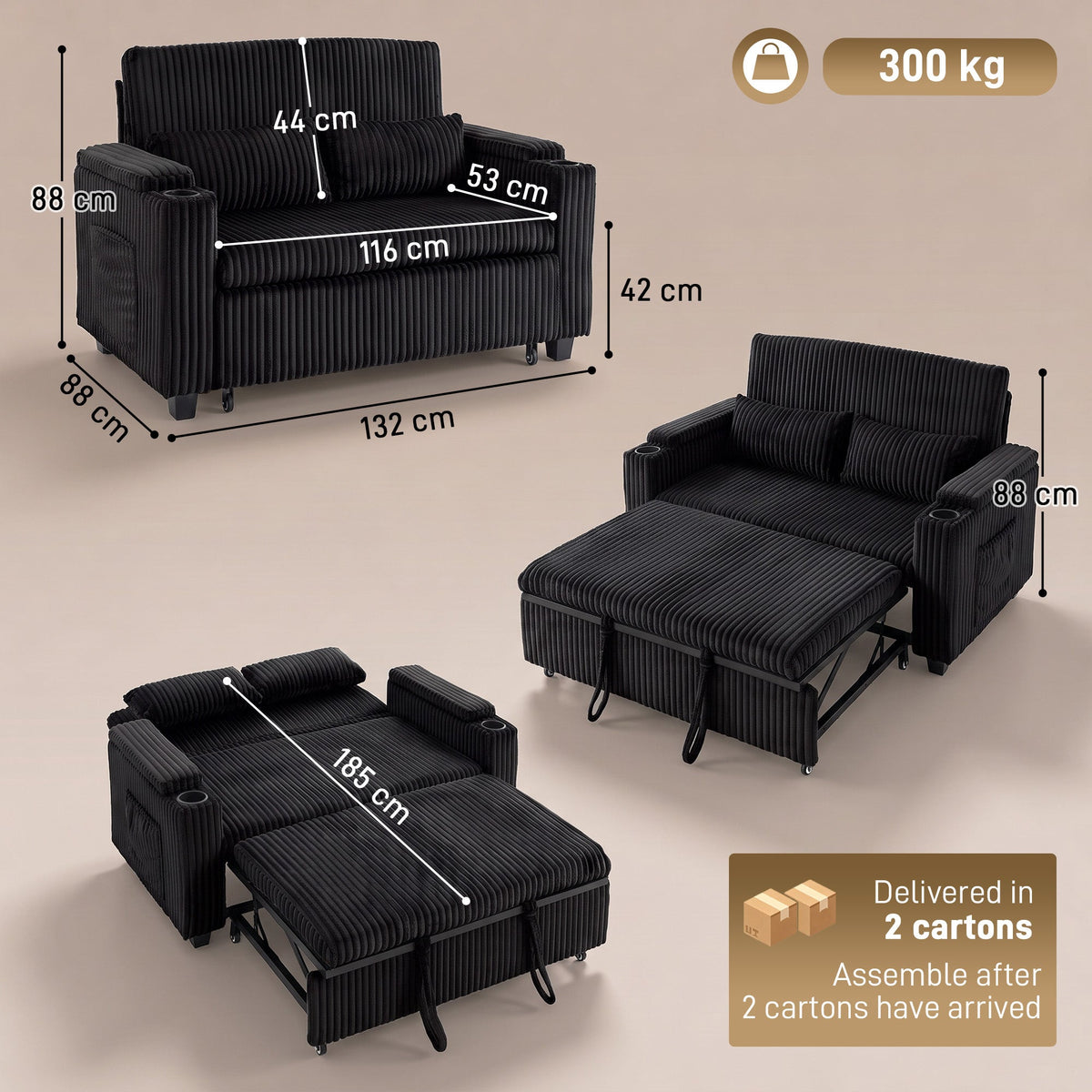 2 Seater Sofa Bed, 3-in-1 Convertible Pull Out Sleeper Sofa, Corduroy Loveseat Bed Settee with Adjustable Backrest, Storage Armrests, Cup Holders, Side Pockets for Living Room, Black