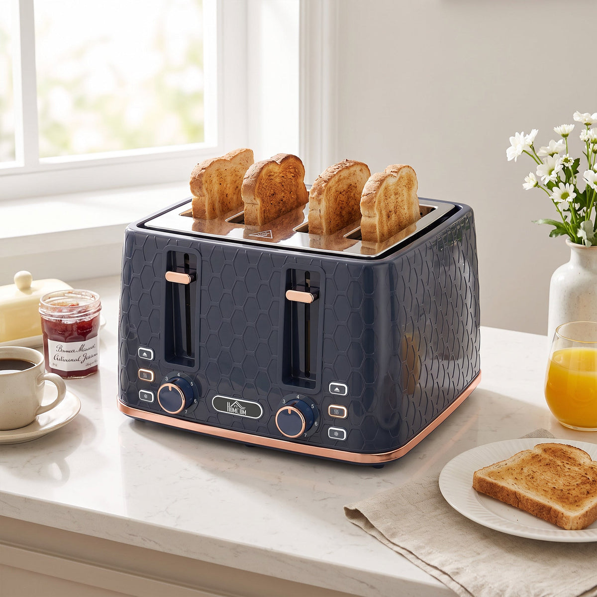 4 Slice Toaster with 7 Browning Levels, High Lift, Reheat/Defrost/Cancel, Self-centring Function, Removable Crumb Tray, 1860W, Honeycomb Texture, Dark Blue