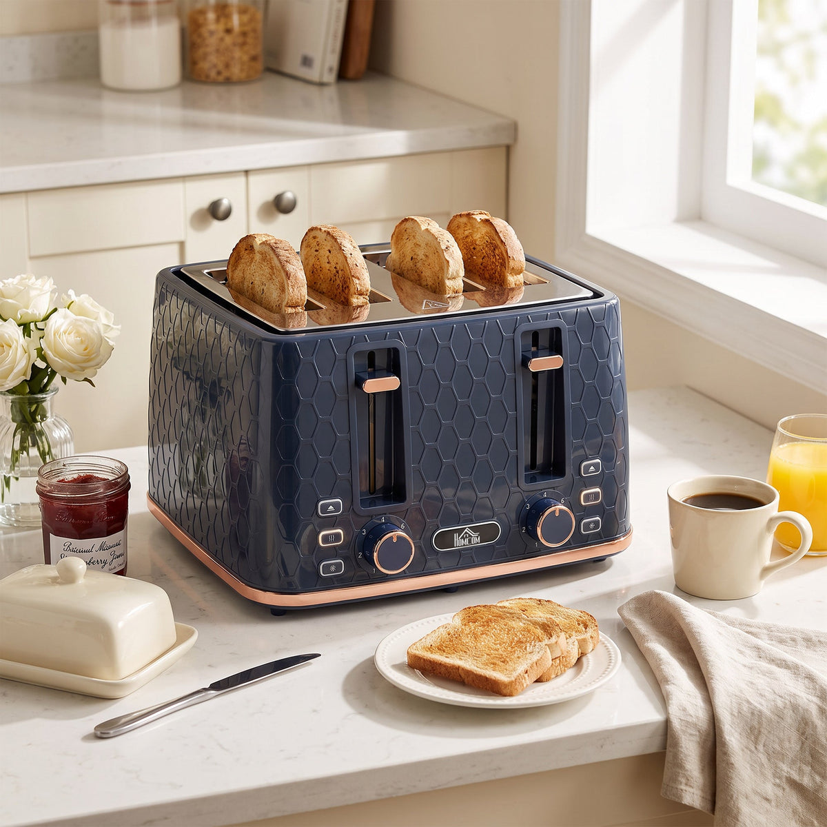 4 Slice Toaster with 7 Browning Levels, High Lift, Reheat/Defrost/Cancel, Self-centring Function, Removable Crumb Tray, 1860W, Honeycomb Texture, Dark Blue