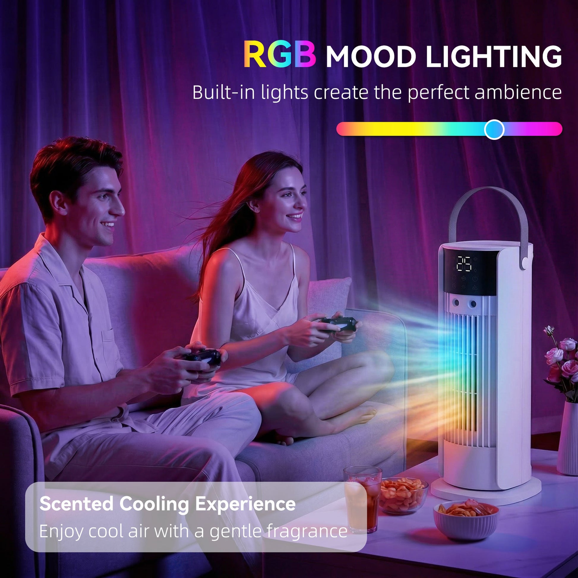 Tower Fan for Bedroom, 16 Inch Mist Desktop Fan with RGB Lights, 3 Speeds, 90° Oscillation, 10H Timer, for Home Office, White