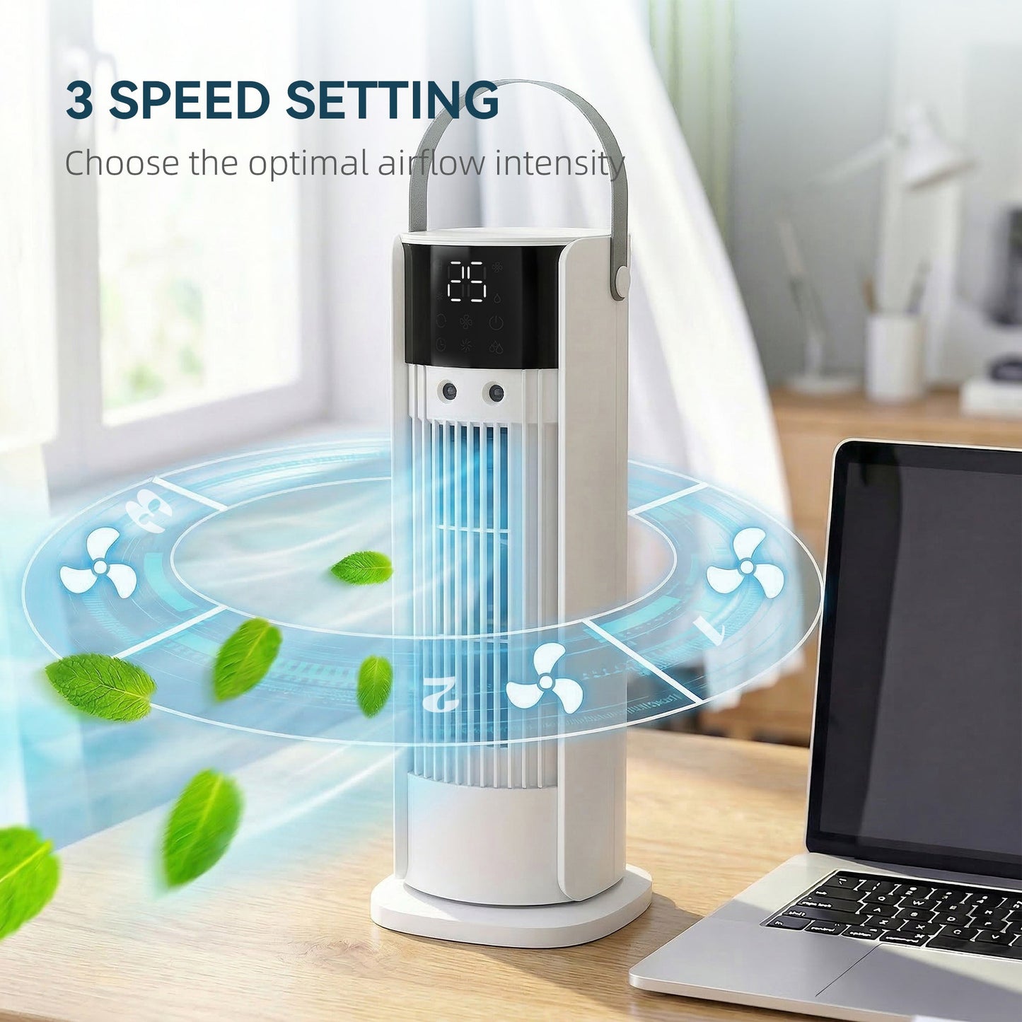 Tower Fan for Bedroom, 16 Inch Mist Desktop Fan with RGB Lights, 3 Speeds, 90° Oscillation, 10H Timer, for Home Office, White