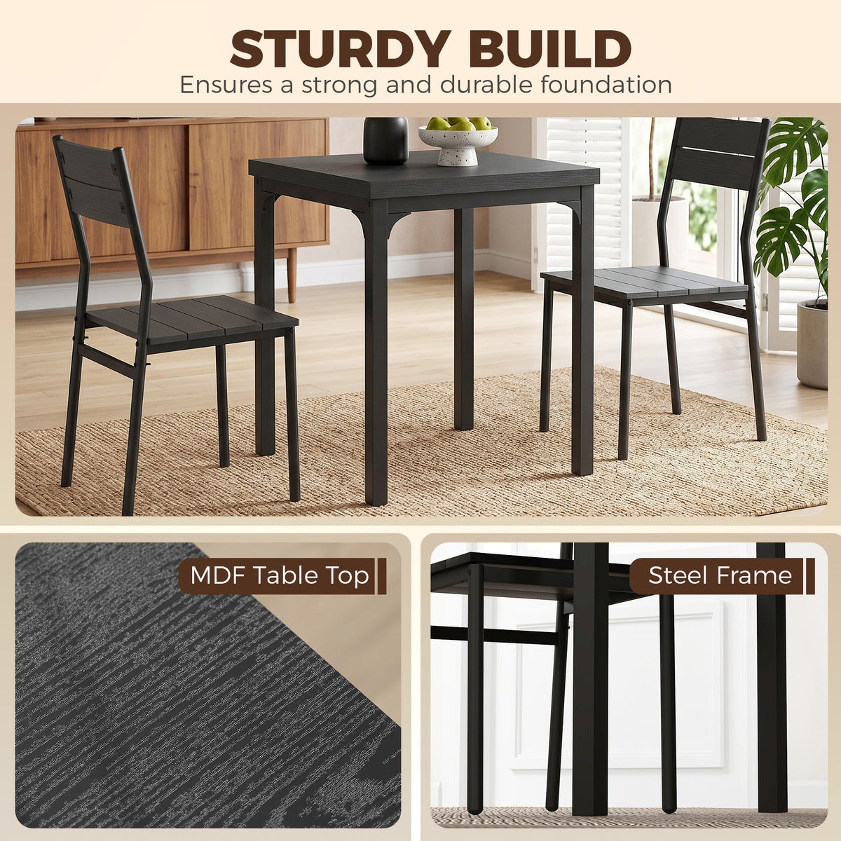 3 Pieces Modern Dining Table Set, Kitchen Table and Chairs for 2, Space Saving Design, Breakfast Nook Table Set with Steel Legs for Kitchen, Small Space, Black Wood Effect
