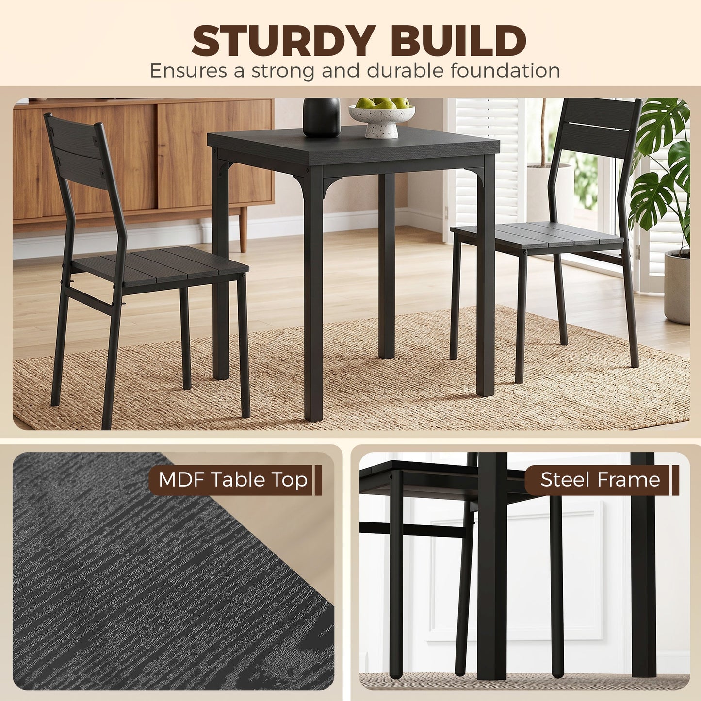 3 Pieces Modern Dining Table Set, Kitchen Table and Chairs for 2, Space Saving Design, Breakfast Nook Table Set with Steel Legs for Kitchen, Small Space, Black Wood Effect