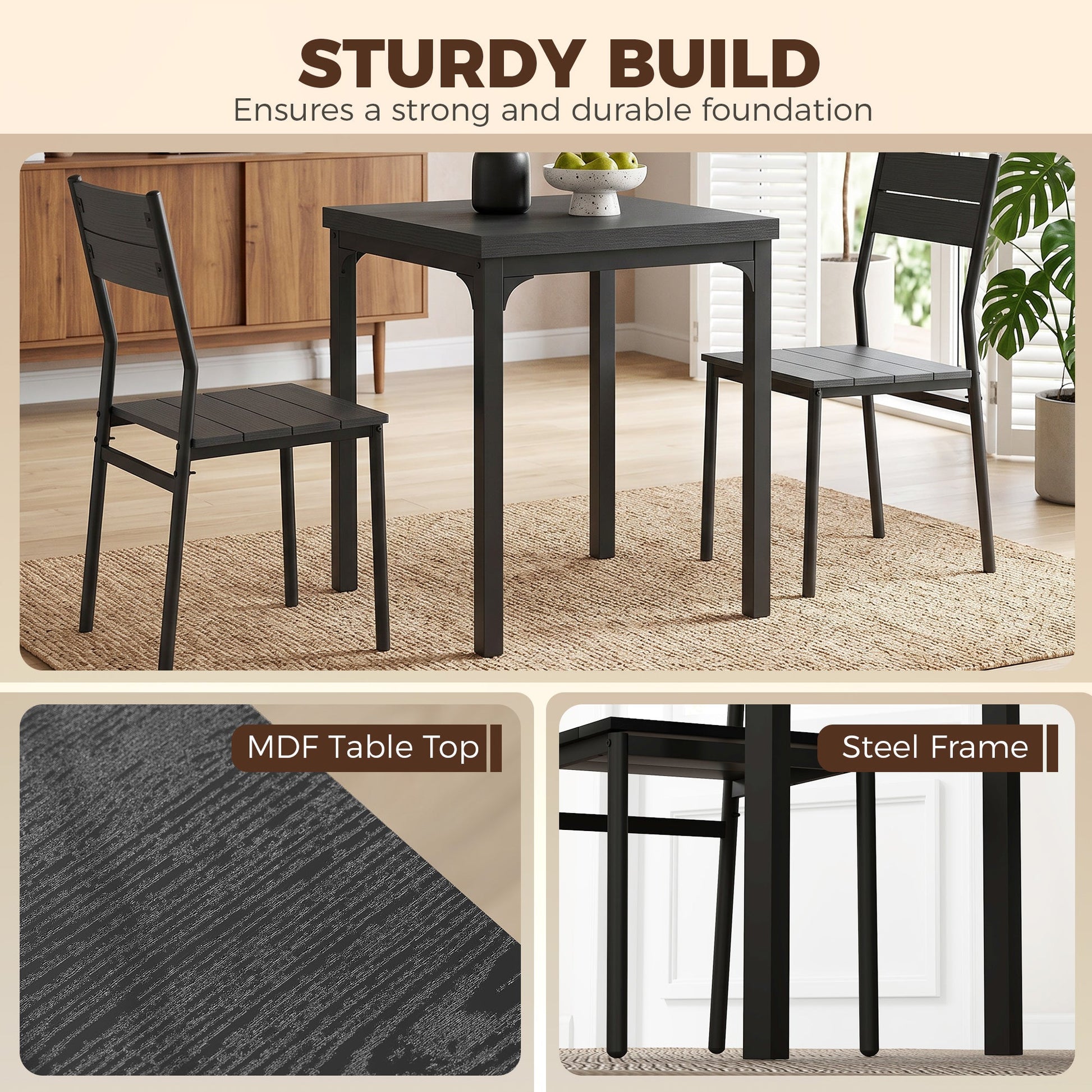3 Pieces Modern Dining Table Set, Kitchen Table and Chairs for 2, Space Saving Design, Breakfast Nook Table Set with Steel Legs for Kitchen, Small Space, Black Wood Effect