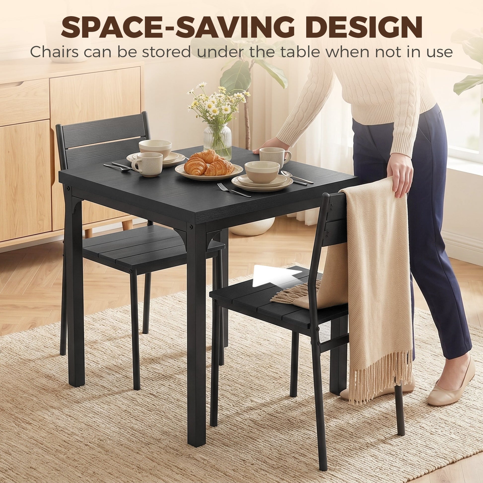 3 Pieces Modern Dining Table Set, Kitchen Table and Chairs for 2, Space Saving Design, Breakfast Nook Table Set with Steel Legs for Kitchen, Small Space, Black Wood Effect