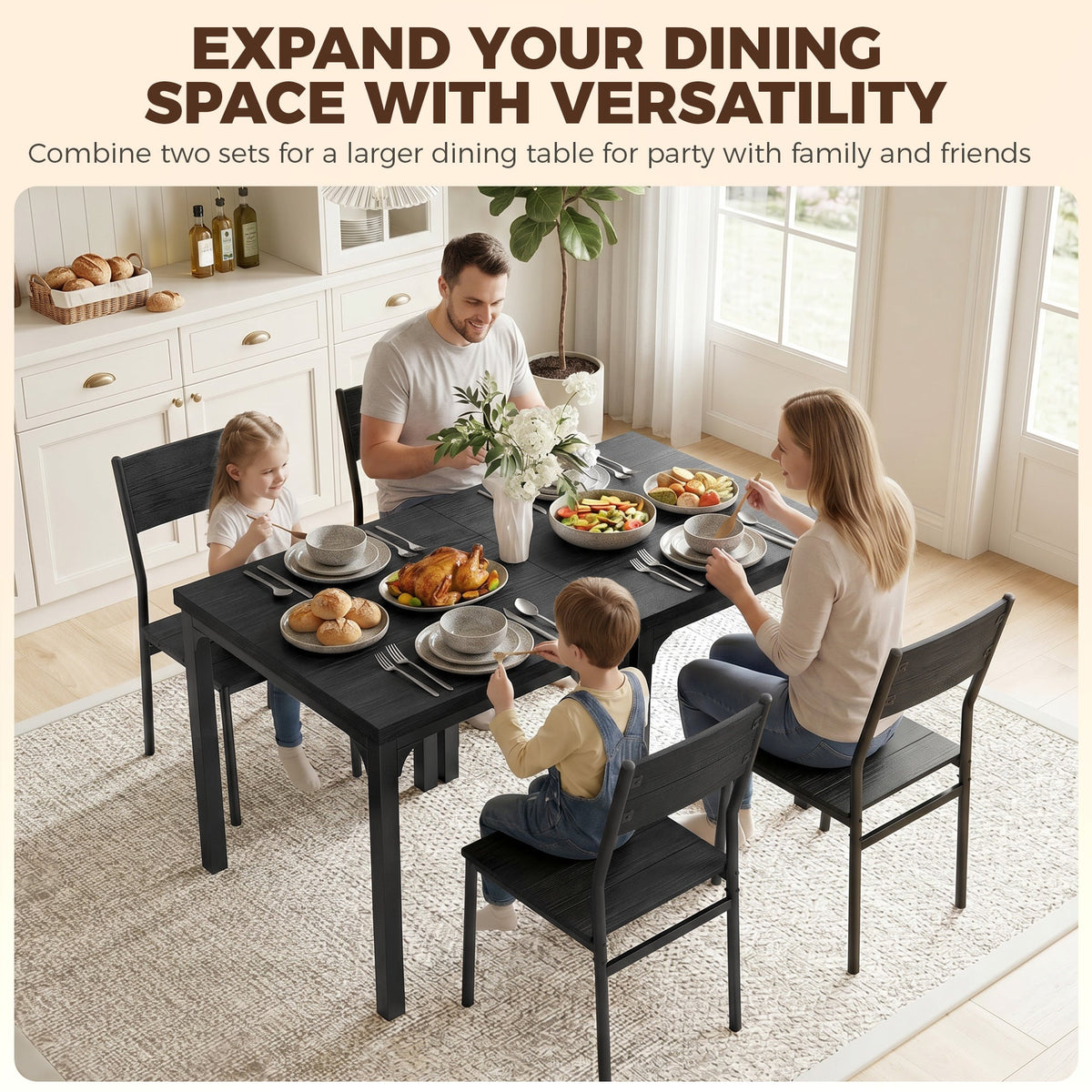 3 Pieces Modern Dining Table Set, Kitchen Table and Chairs for 2, Space Saving Design, Breakfast Nook Table Set with Steel Legs for Kitchen, Small Space, Black Wood Effect
