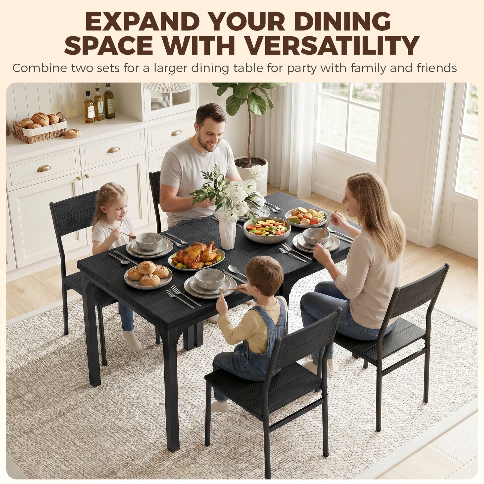 3 Pieces Modern Dining Table Set, Kitchen Table and Chairs for 2, Space Saving Design, Breakfast Nook Table Set with Steel Legs for Kitchen, Small Space, Black Wood Effect