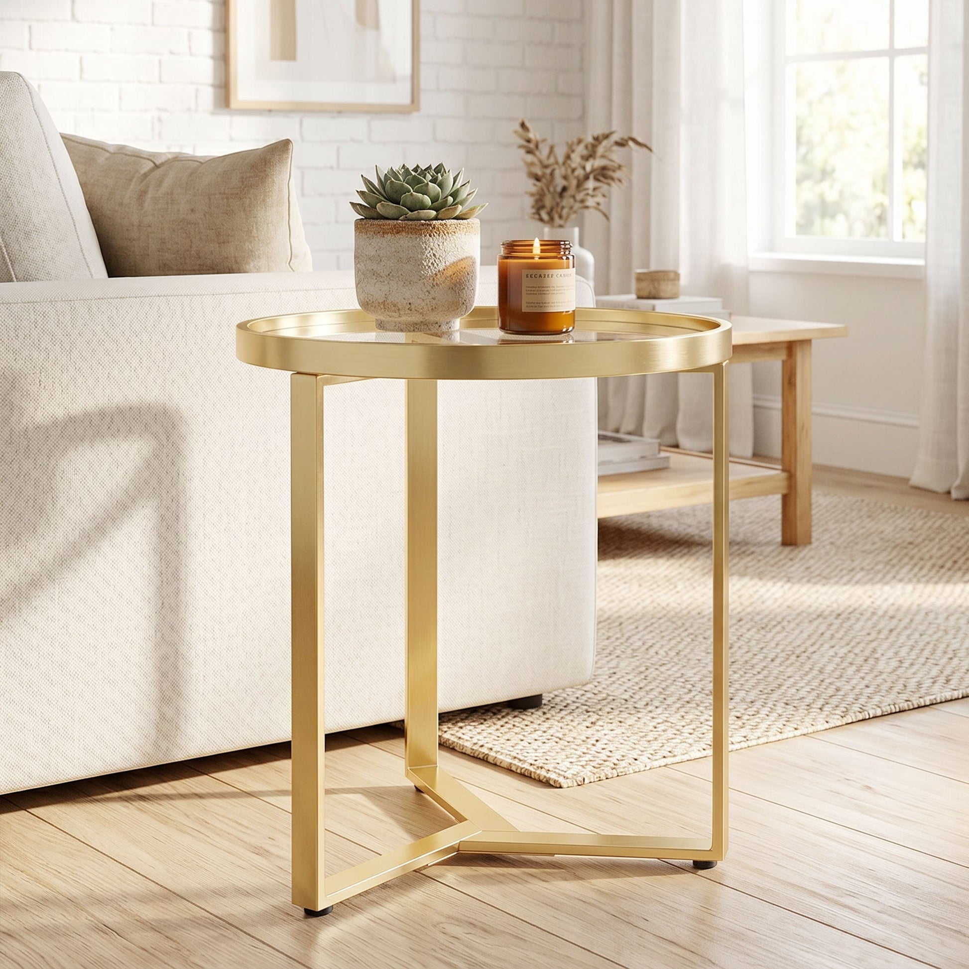 Round Side Table with Tempered Glass Top, Modern End Table with Geometric Metal Frame for Small Space, Living Room and Bedroom, Gold Tone