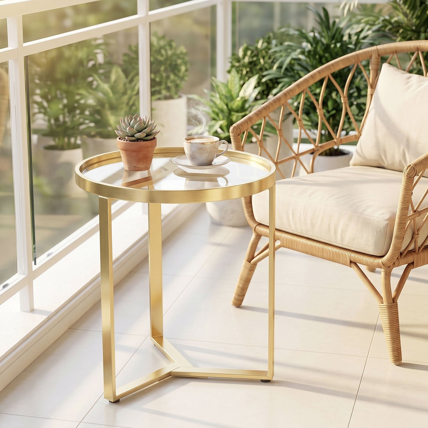 Round Side Table with Tempered Glass Top, Modern End Table with Geometric Metal Frame for Small Space, Living Room and Bedroom, Gold Tone