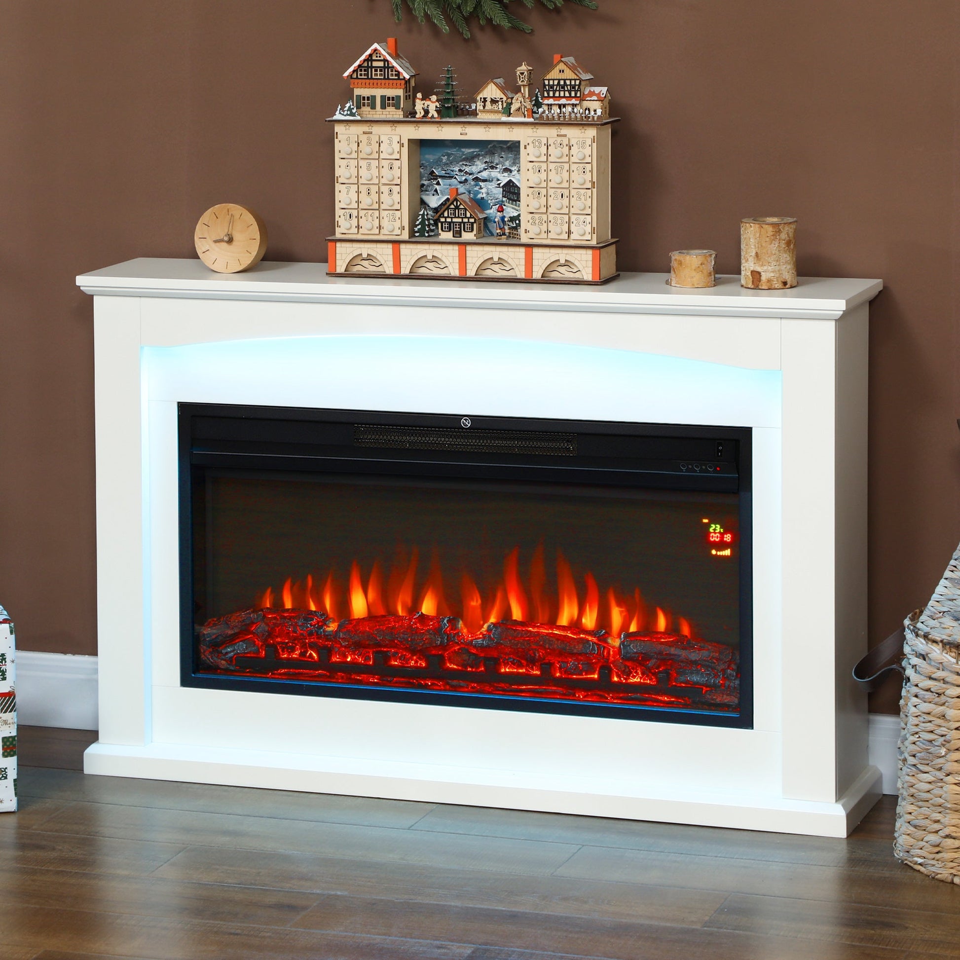 48"/121 cm Electric Fireplace with Realistic Flame Effect & 5 Brightness Levels, 1000W/2000W Inset Electric Fire and Mantel Reach up to 30 m² Space with Remote & Timer for Living Room, White