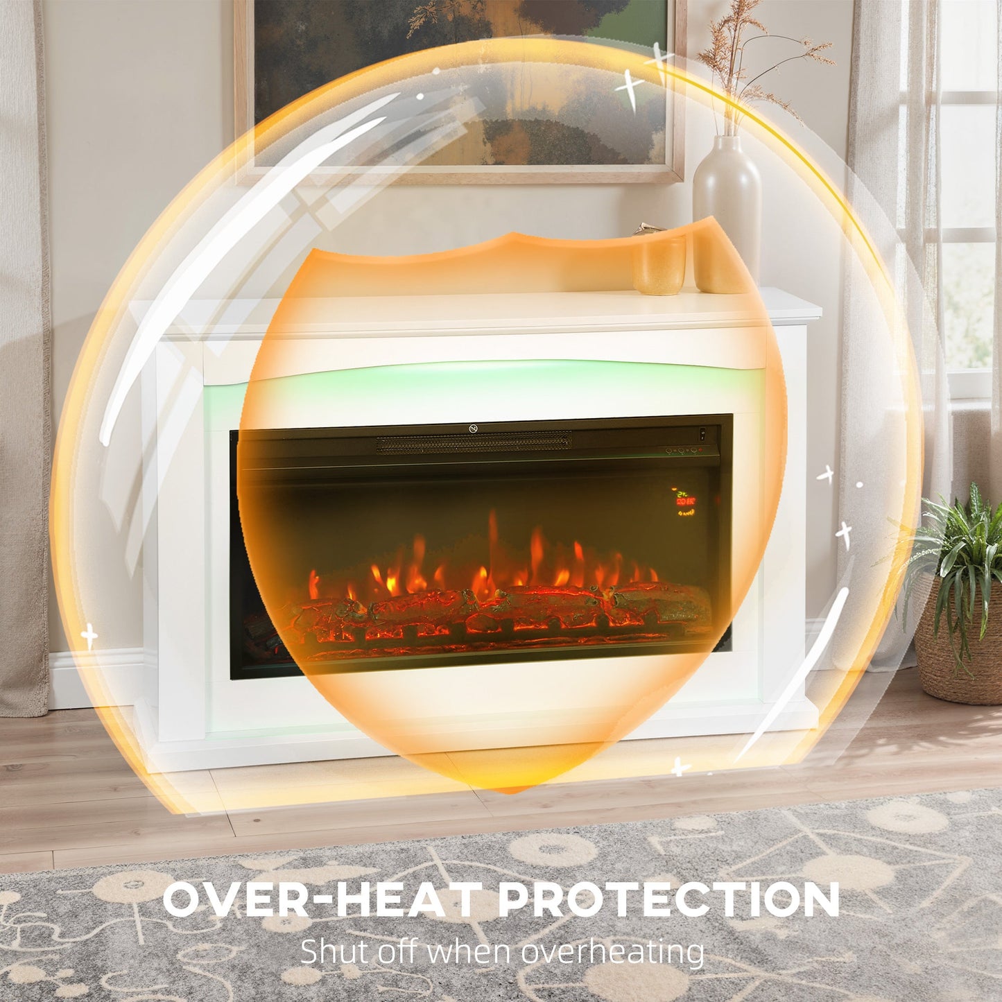 48"/121 cm Electric Fireplace with Realistic Flame Effect & 5 Brightness Levels, 1000W/2000W Inset Electric Fire and Mantel Reach up to 30 m² Space with Remote & Timer for Living Room, White