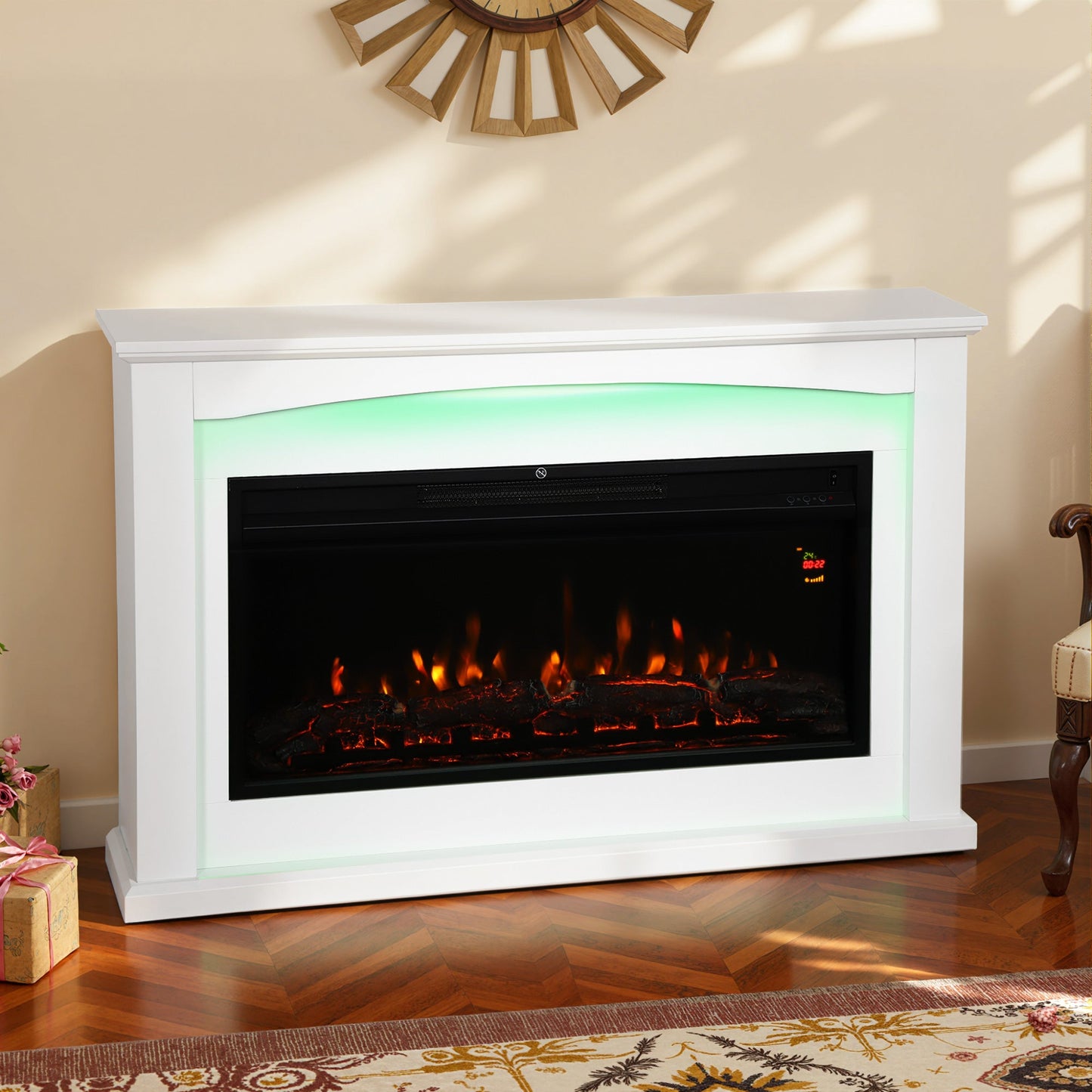 48"/121 cm Electric Fireplace with Realistic Flame Effect & 5 Brightness Levels, 1000W/2000W Inset Electric Fire and Mantel Reach up to 30 m² Space with Remote & Timer for Living Room, White