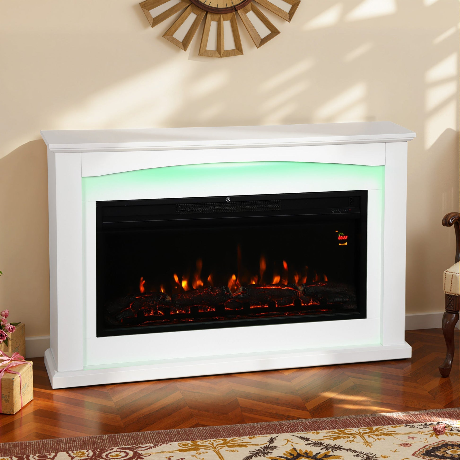 48"/121 cm Electric Fireplace with Realistic Flame Effect & 5 Brightness Levels, 1000W/2000W Inset Electric Fire and Mantel Reach up to 30 m² Space with Remote & Timer for Living Room, White