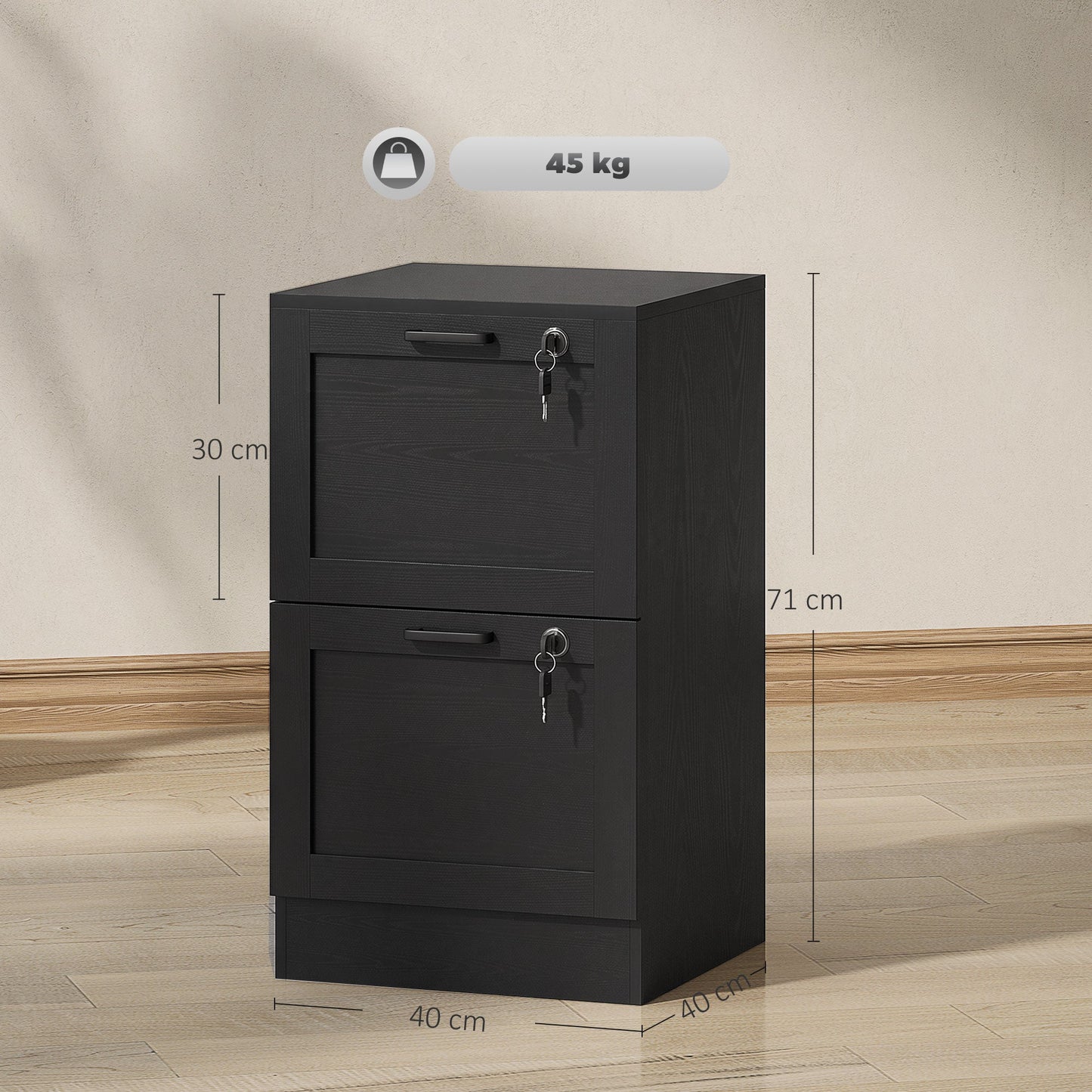 2 Drawer File Cabinet with Lock, Vertical Filing Cabinet with Adjustable Hanging Bars for A4 and Letter Size File Folders, Printer Stand with Storage, Black Wood Effect