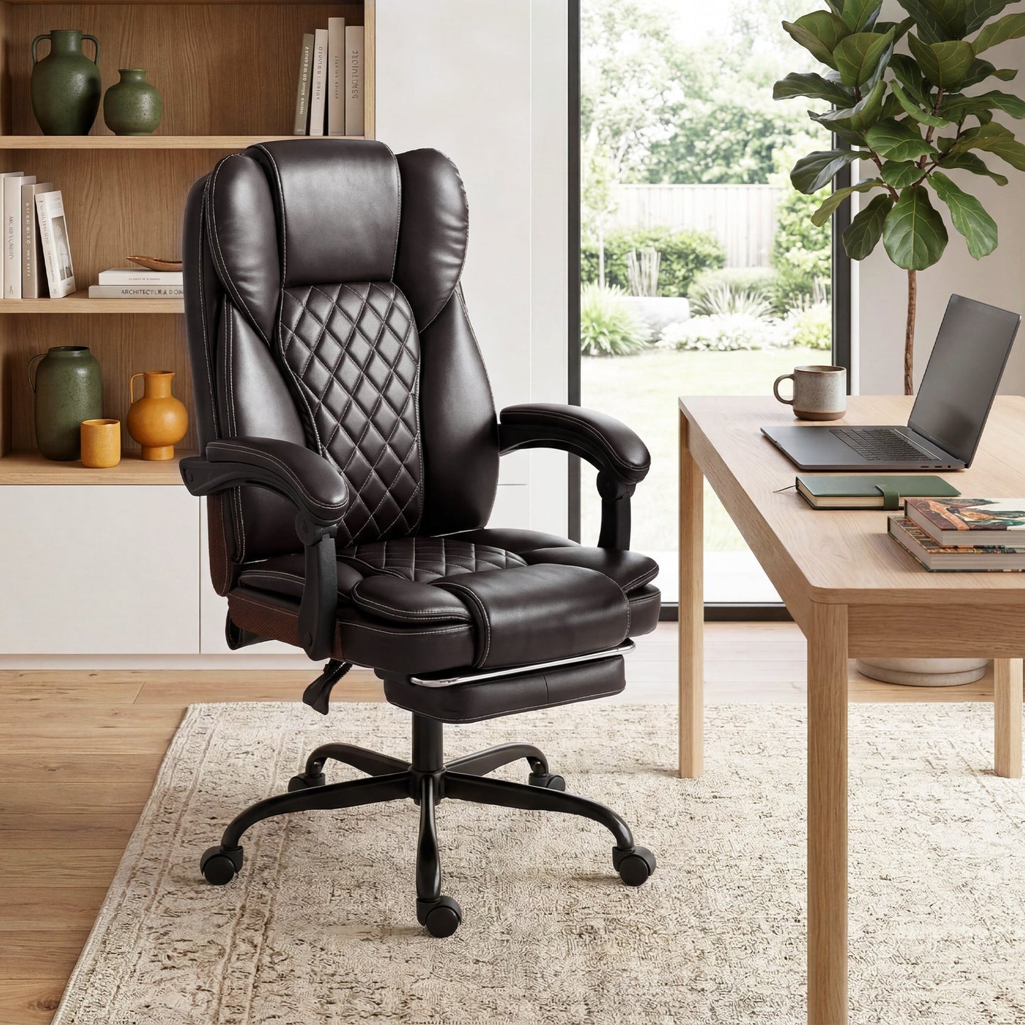 High-Back Executive Home Office Chair, PU Leather Computer Desk Chair with 360 Degree Swivel, Reclining Function, Retractable Footrest and Adjustable Height, Brown