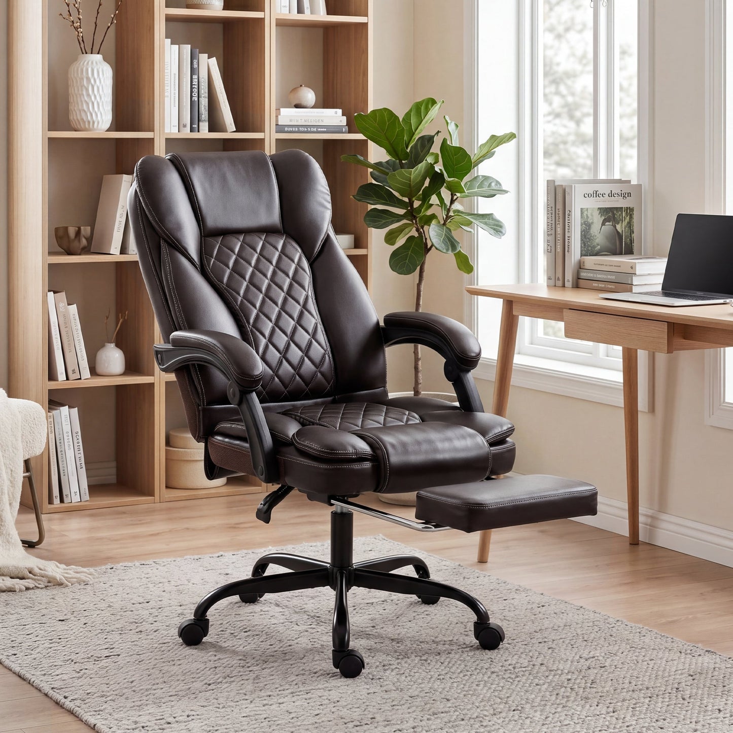 High-Back Executive Home Office Chair, PU Leather Computer Desk Chair with 360 Degree Swivel, Reclining Function, Retractable Footrest and Adjustable Height, Brown