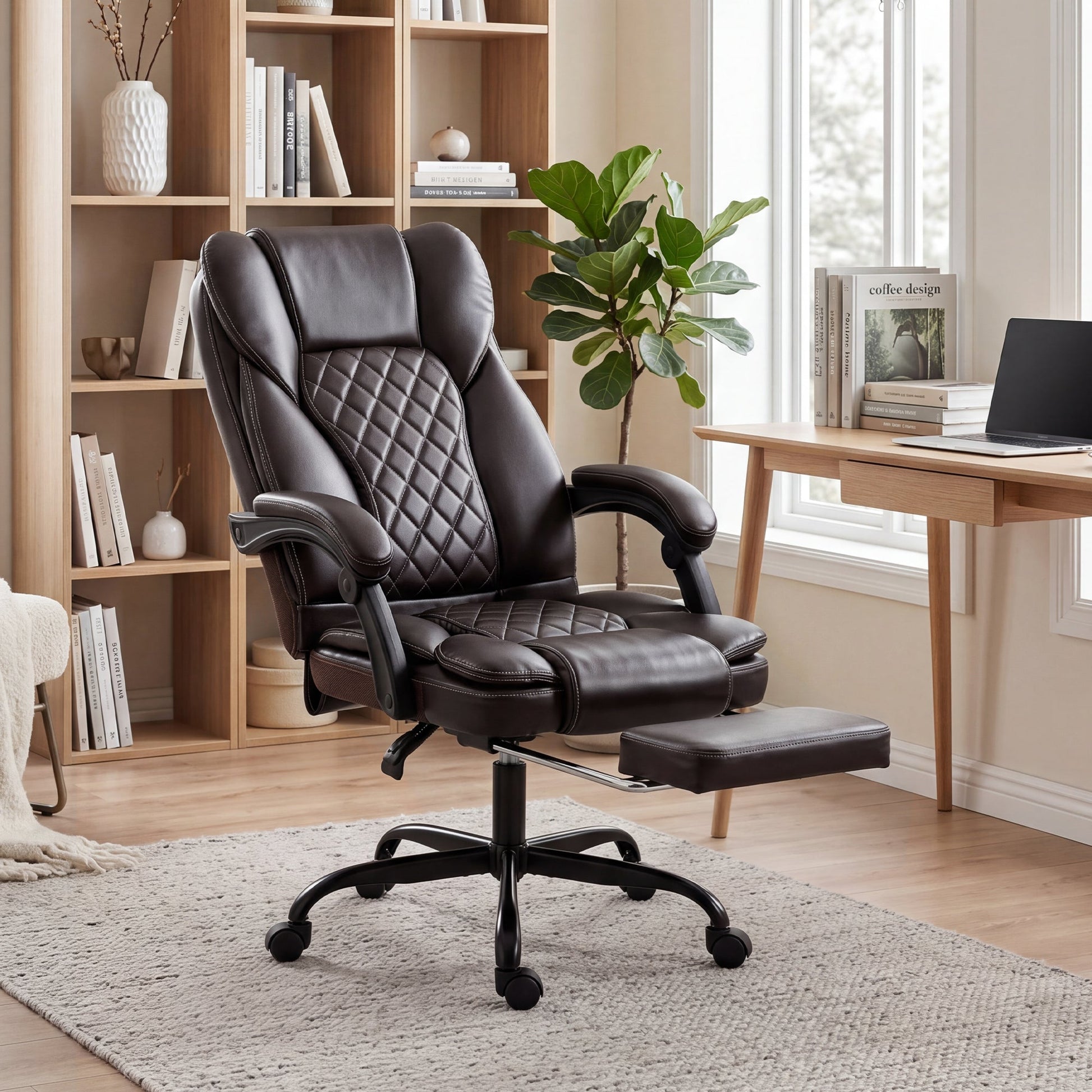 High-Back Executive Home Office Chair, PU Leather Computer Desk Chair with 360 Degree Swivel, Reclining Function, Retractable Footrest and Adjustable Height, Brown