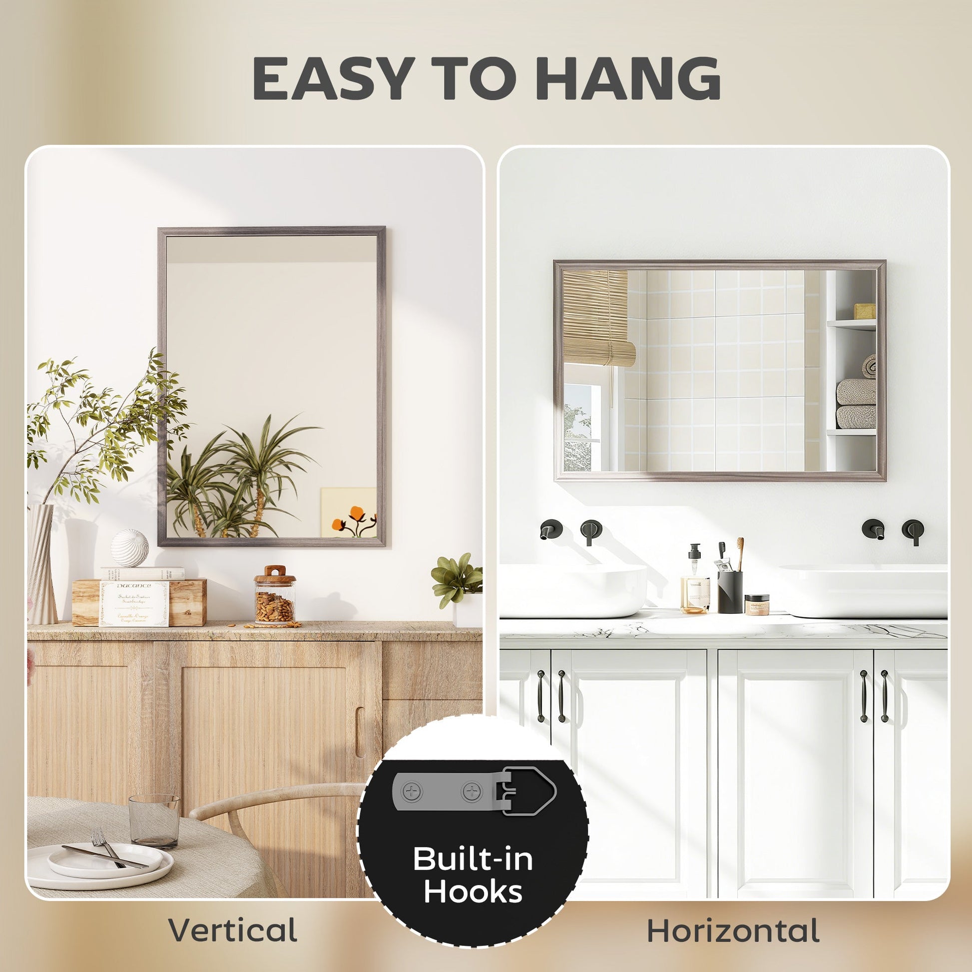 Decorative Rectangular Wall Mirror, 50W x 70H cm Wall-Mounted Bathroom Mirror for Living Room, Bedroom, Hallway, Grey Wood Grain