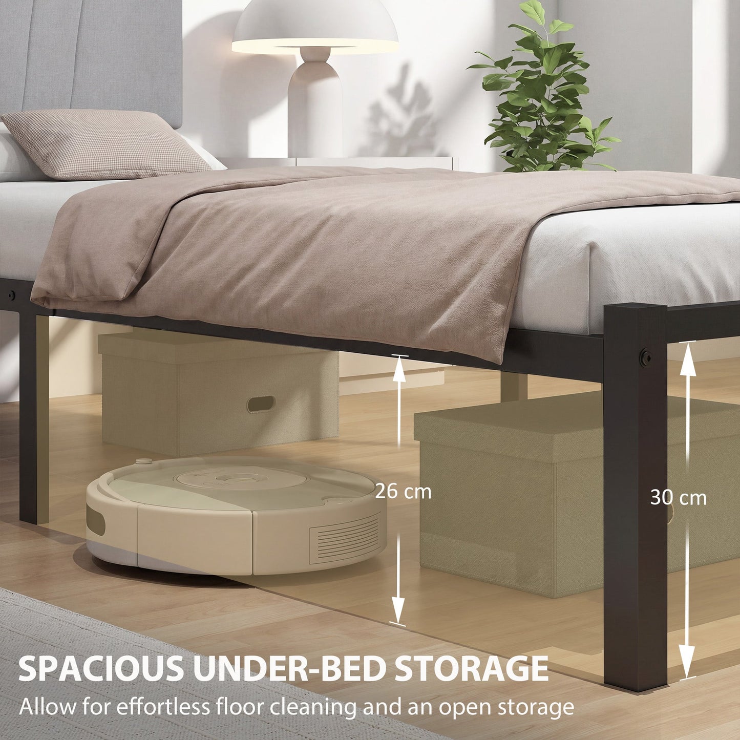 3FT Single Bed Frame with Upholstered and Padded Headboard, Metal Bed Frame with Underbed Storage and Steel Slat Support, No Box Spring Needed, Easy Assembly, Black and Light Grey