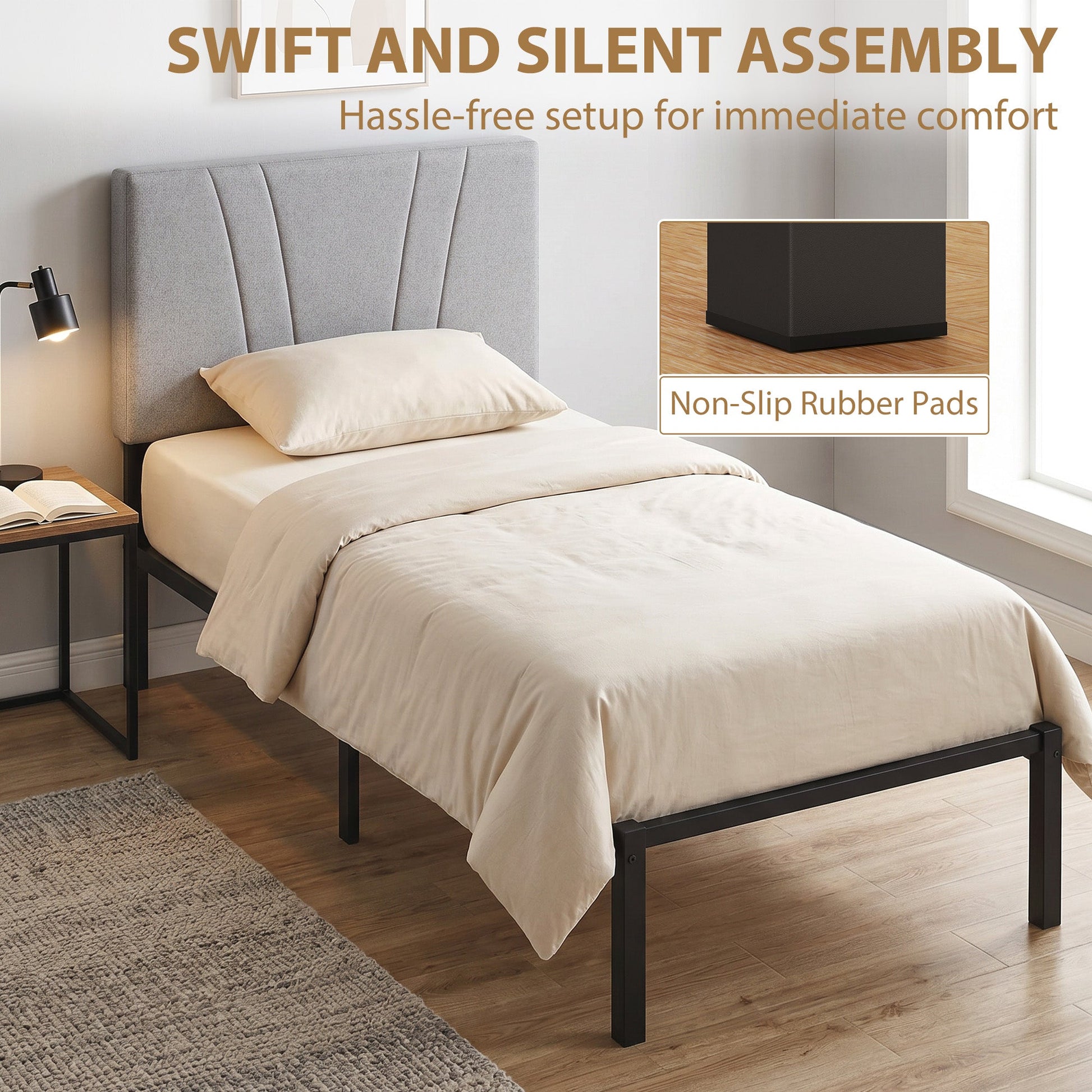 3FT Single Bed Frame with Upholstered and Padded Headboard, Metal Bed Frame with Underbed Storage and Steel Slat Support, No Box Spring Needed, Easy Assembly, Black and Light Grey
