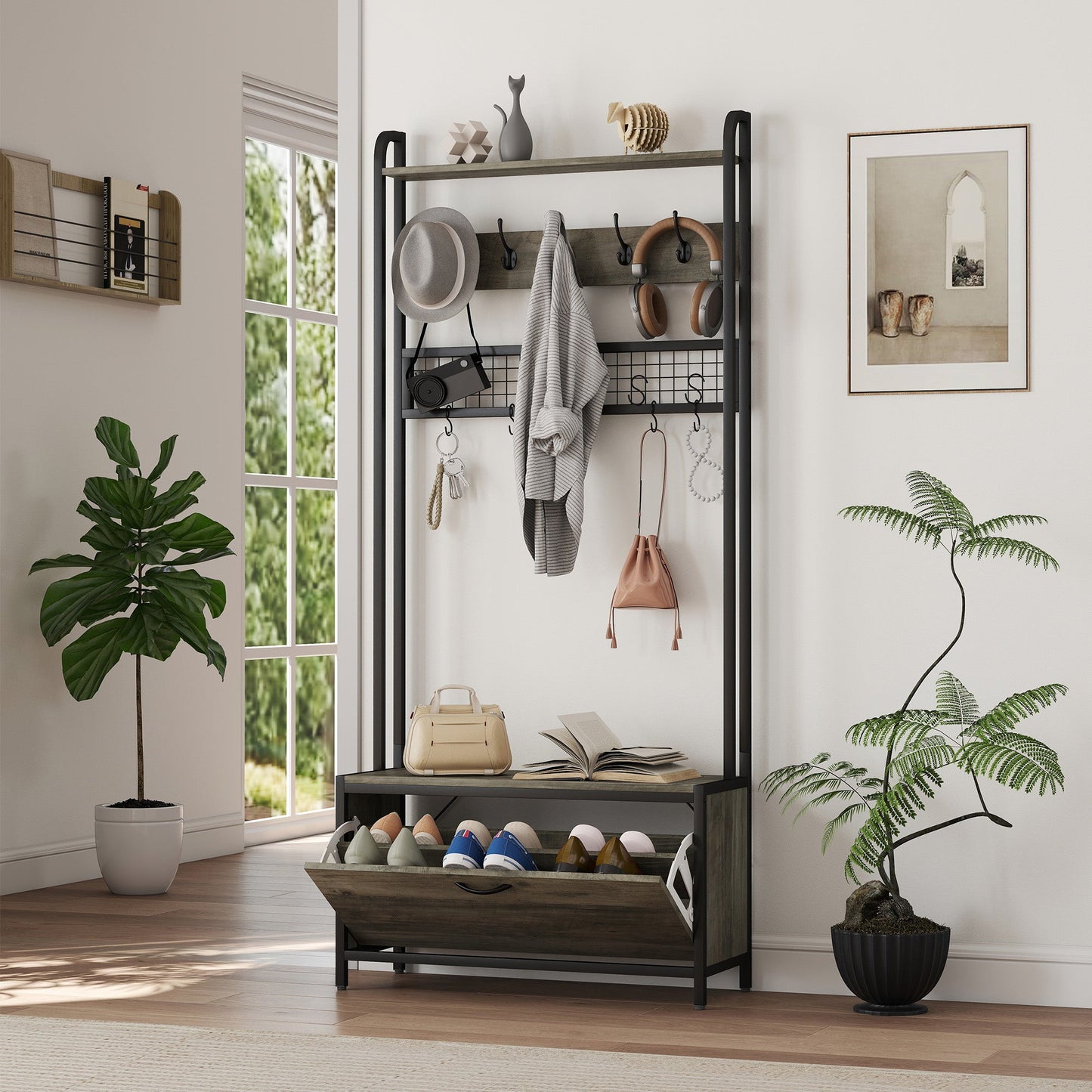 Coat Rack with Shoe Storage Bench and Grid Panel, Hall Tree, 5-In-1 Industrial Coat Rack Stand with Shoe Cabinet and 10 Hooks for Hallway, Entryway, Living Room, Grey