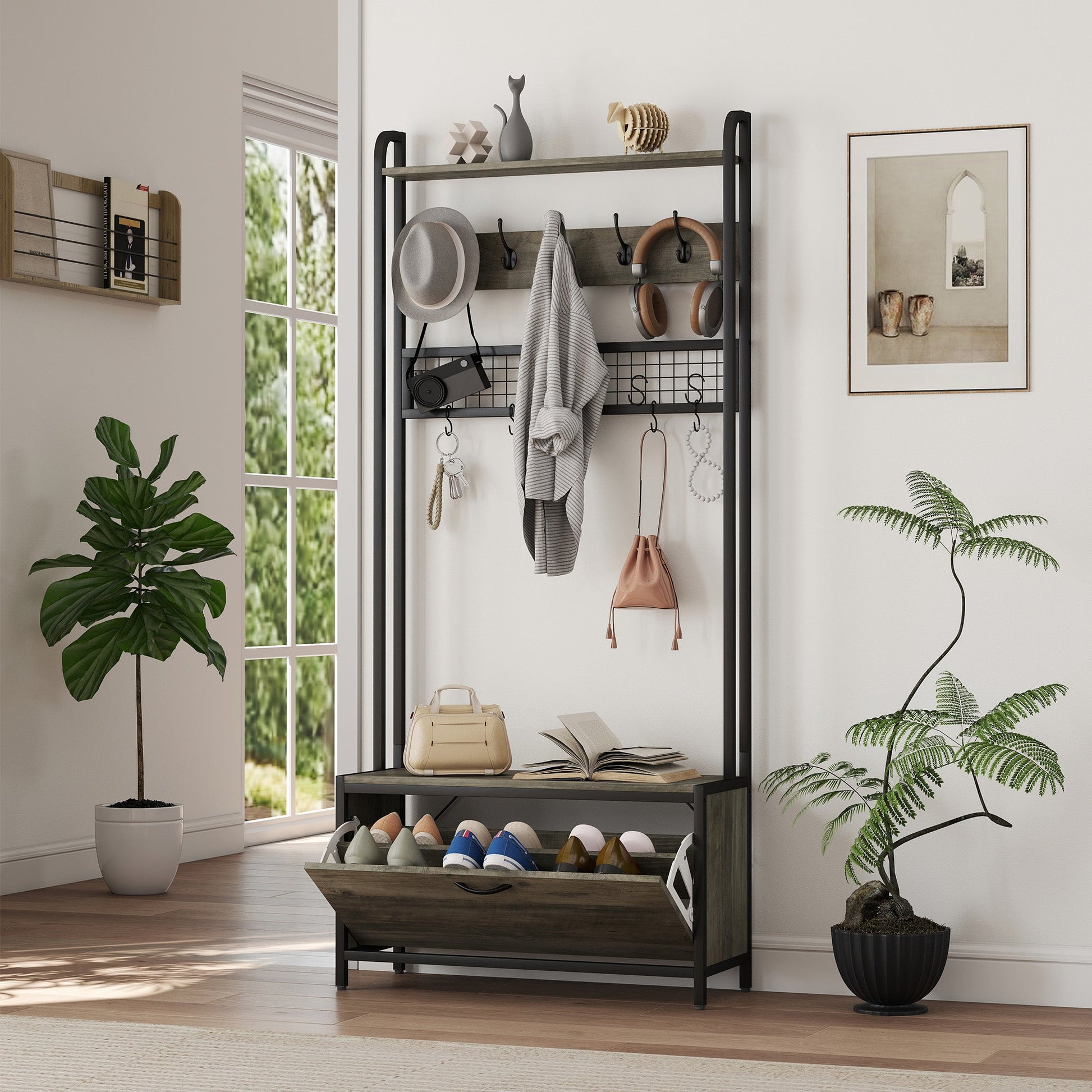 Coat Rack with Shoe Storage Bench and Grid Panel, Hall Tree, 5-In-1 Industrial Coat Rack Stand with Shoe Cabinet and 10 Hooks for Hallway, Entryway, Living Room, Grey