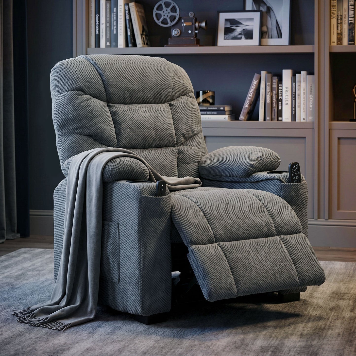 Recliner Armchair with Vibration Massage, Heat, Whisper-Quiet Motor, Memory Function, Fleece Power Reclining Chair with Spring Pack, USB Port, Footrest, Side Pockets, Cup Holders, Dark Grey