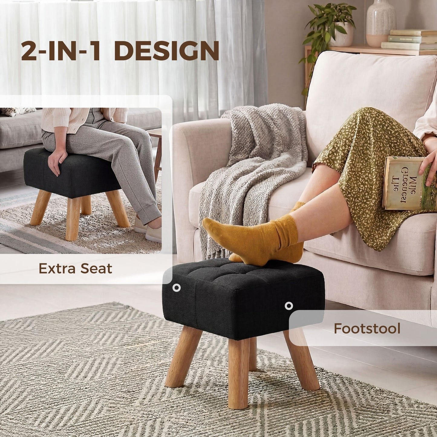 Modern Tufted Footstool, Fabric Foot Stool with Rubber Wood Legs, Padded Seat, for Living Room, Bedroom, Entryway, Black