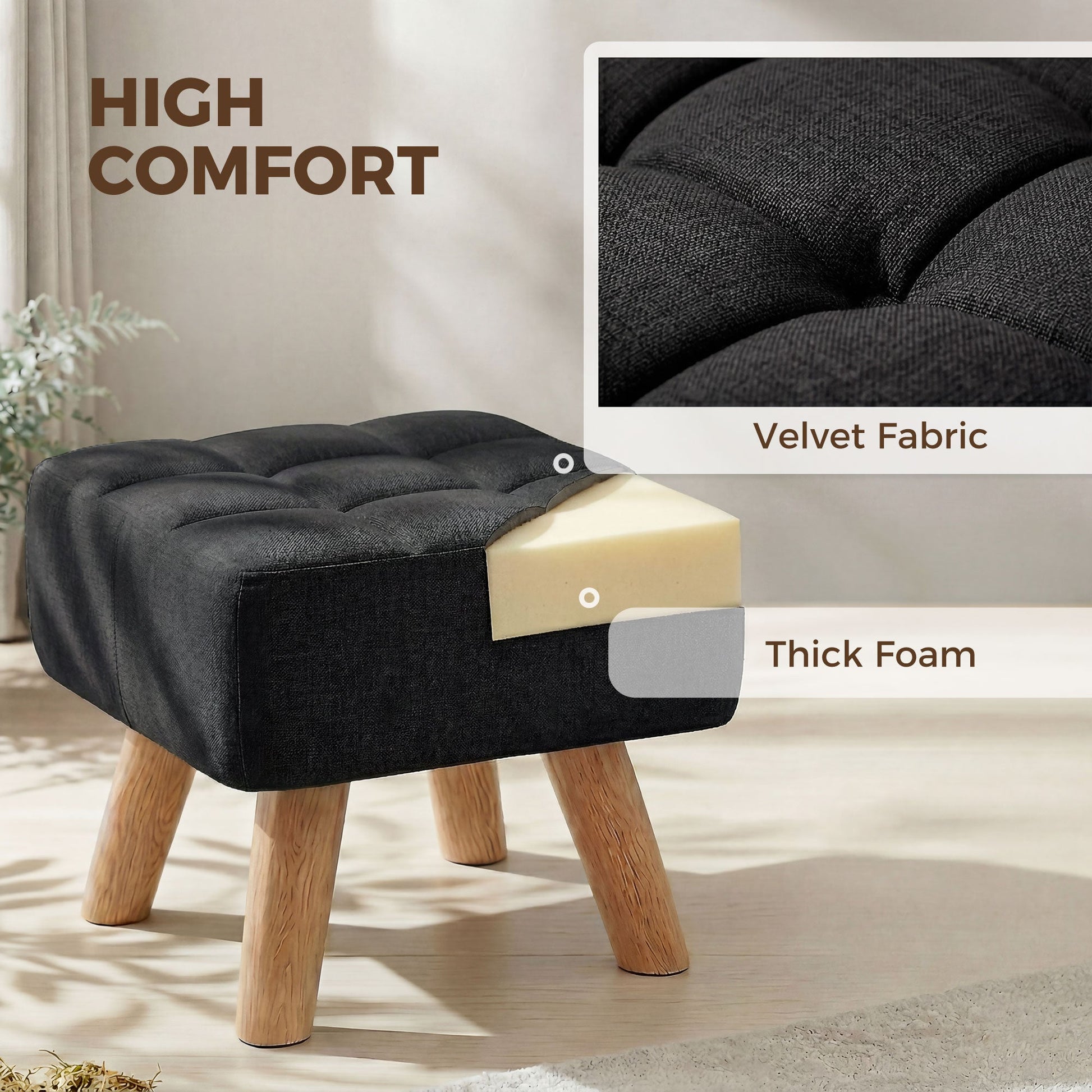 Modern Tufted Footstool, Fabric Foot Stool with Rubber Wood Legs, Padded Seat, for Living Room, Bedroom, Entryway, Black