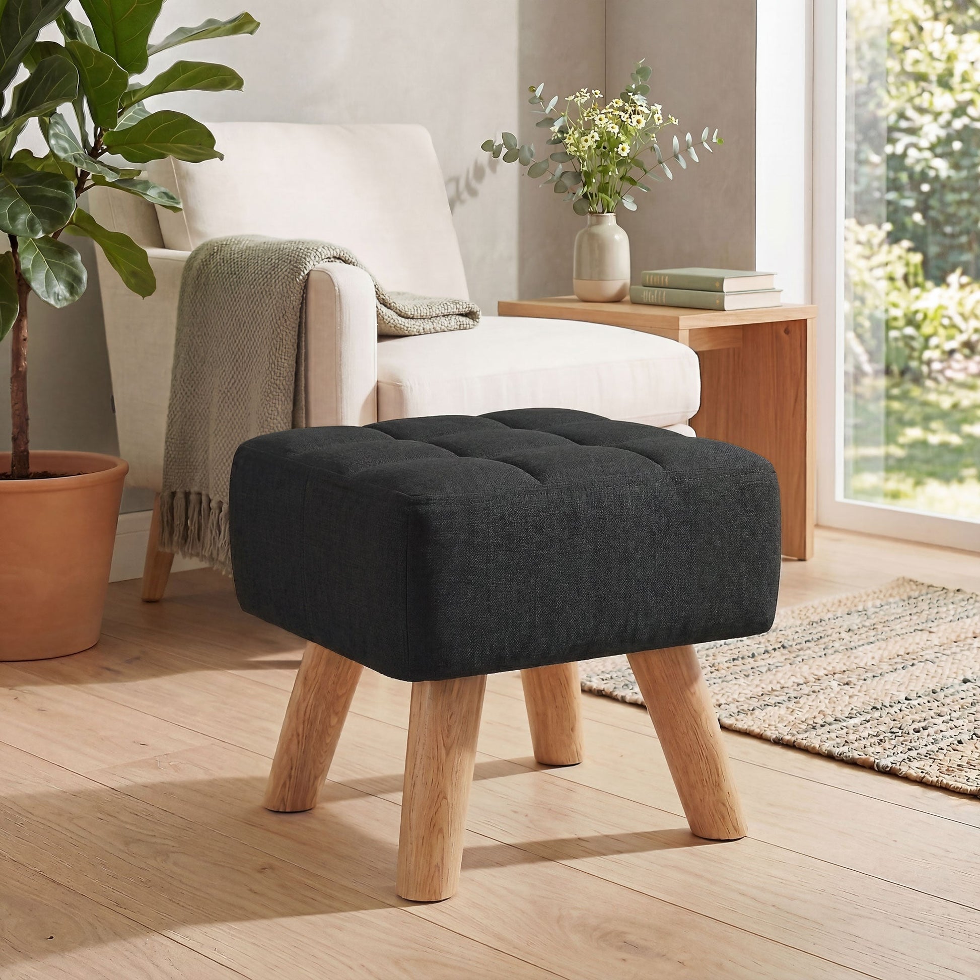 Modern Tufted Footstool, Fabric Foot Stool with Rubber Wood Legs, Padded Seat, for Living Room, Bedroom, Entryway, Black