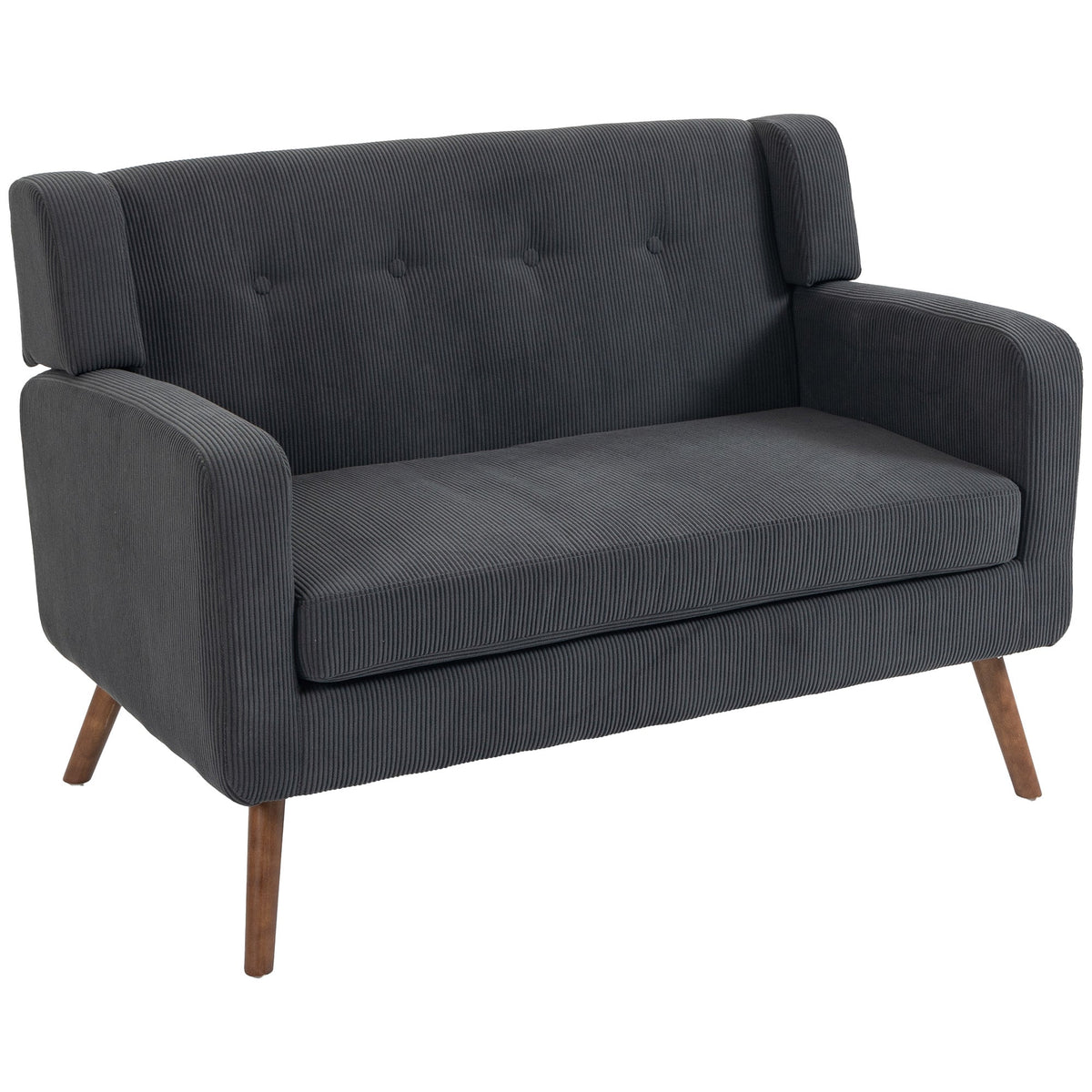 2 Seater Sofa, 118 cm Corduroy Small Sofa with Spring Cushion, Compact Tufted Loveseat Sofa Settee with Wooden Legs for Small Space, Living Room, Bedroom, Home Office, Dark Grey