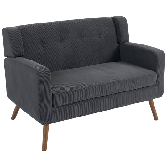 2 Seater Sofa, 118 cm Corduroy Small Sofa with Spring Cushion, Compact Tufted Loveseat Sofa Settee with Wooden Legs for Small Space, Living Room, Bedroom, Home Office, Dark Grey