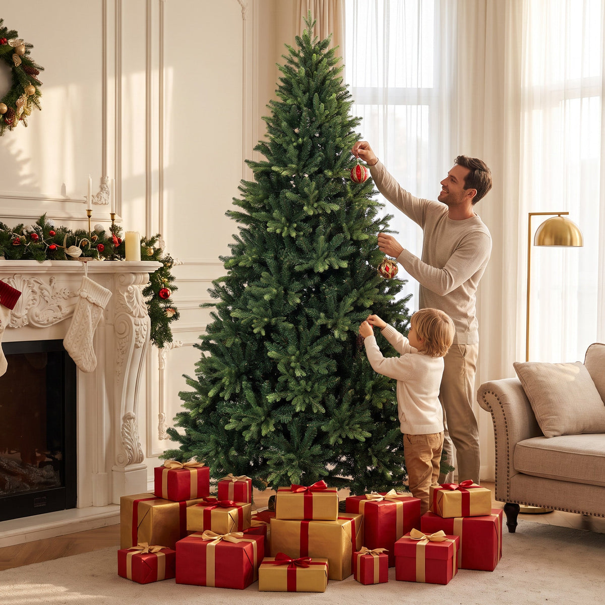 7ft Artificial Christmas Tree, Hinged Xmas Tree with 3834 PE & PVC Branch Tips, Solid Fir Wood Stand, Auto Open for Home Office Holiday Decoration, Green