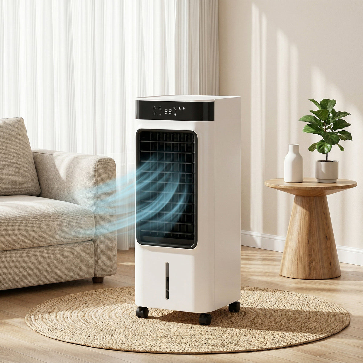 Portable Air Cooler, 3-In-1 Evaporative Air Cooler with 7 Litre Water Tank, 48° Oscillation, 3 Speeds, 3 Modes, 2 Ice Packs, Remote, for Home Office Bedroom, White