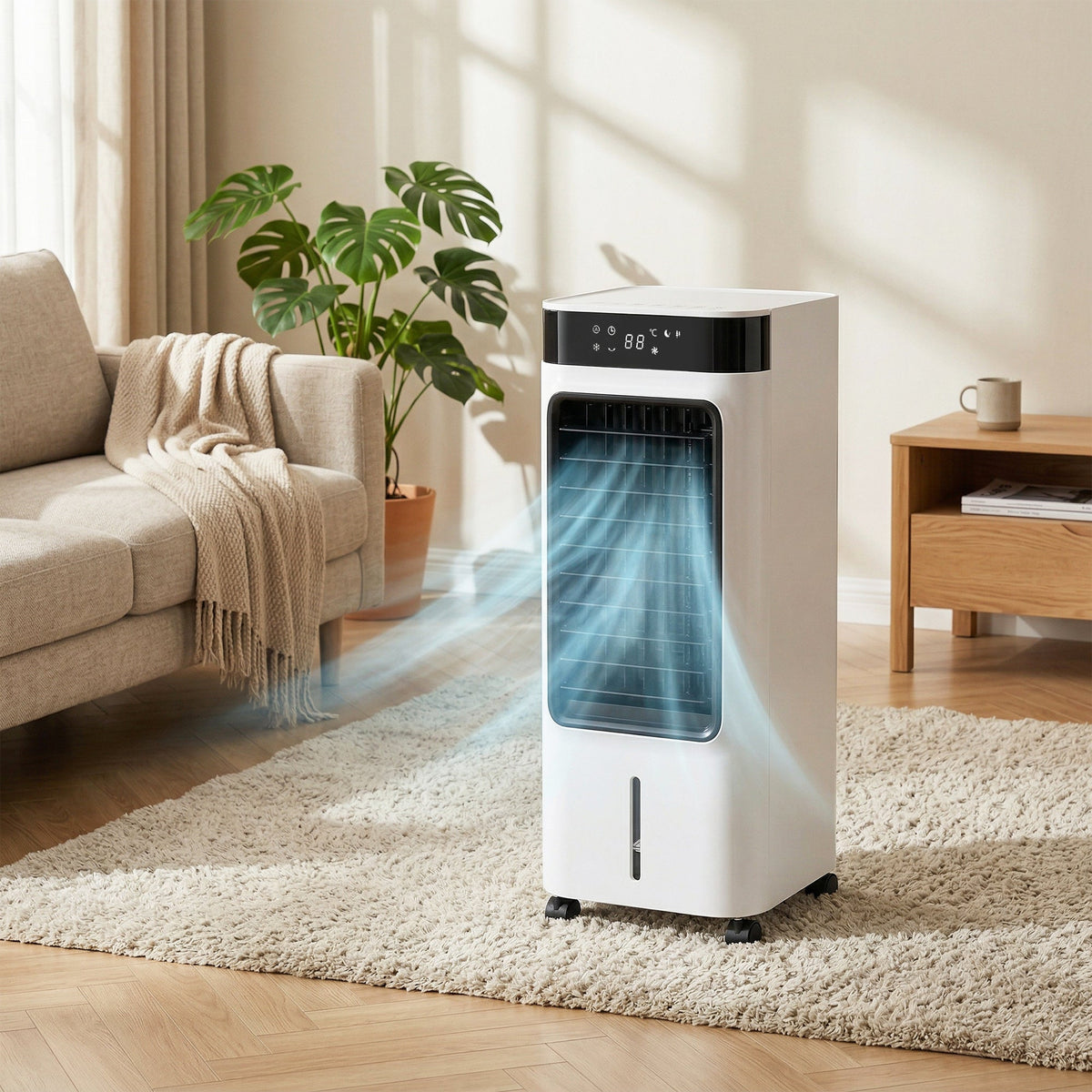Portable Air Cooler, 3-In-1 Evaporative Air Cooler with 7 Litre Water Tank, 48° Oscillation, 3 Speeds, 3 Modes, 2 Ice Packs, Remote, for Home Office Bedroom, White