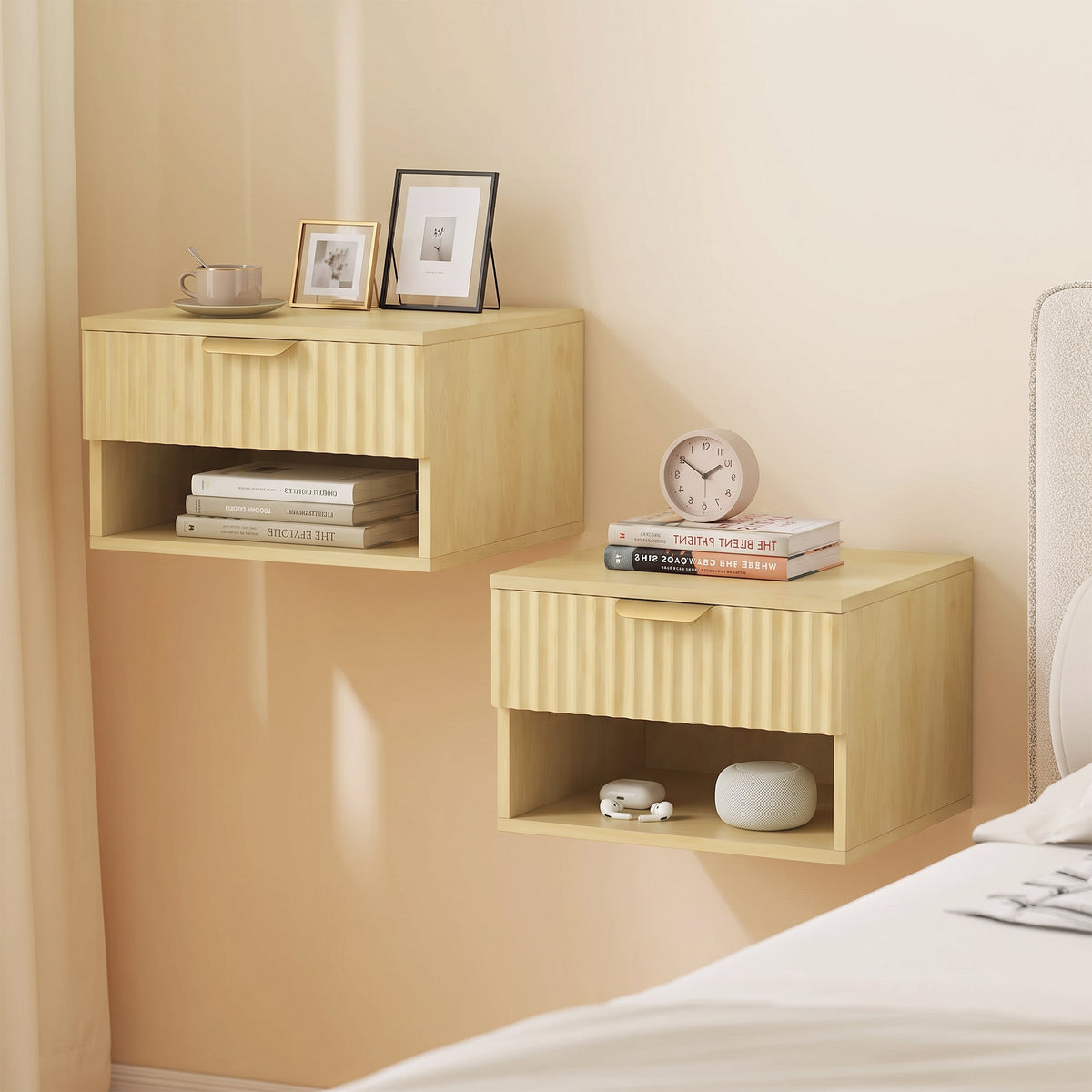 Floating Nightstands Set of 2, Modern Wall-Mounted Bedside Tables with Fluted Drawer and Open Shelf for Bedroom, Oak