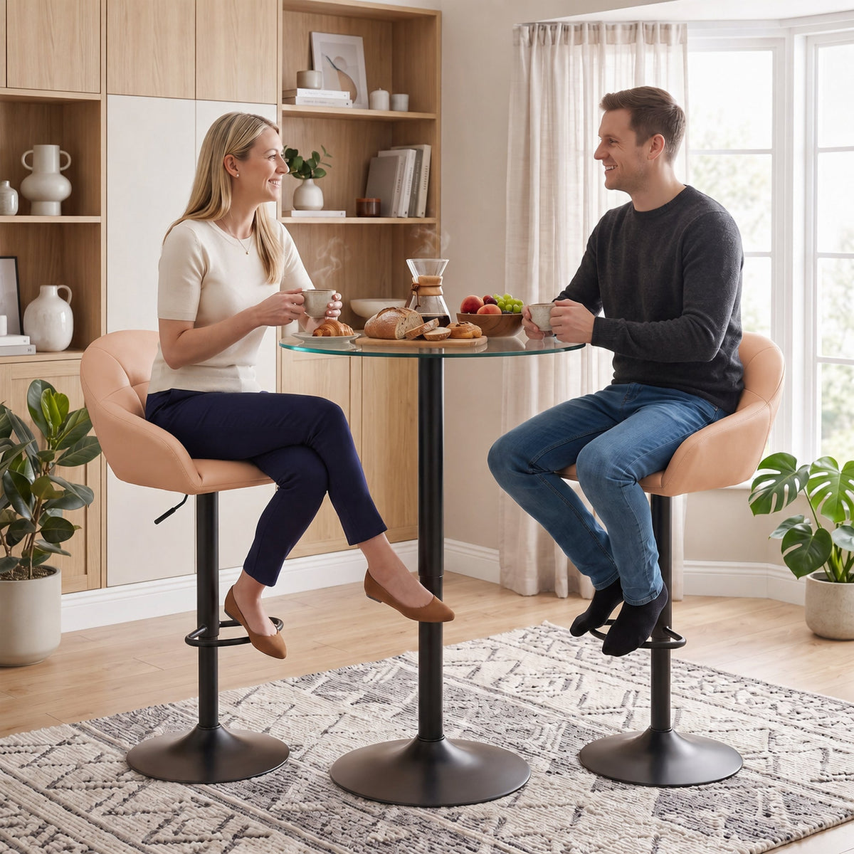 Breakfast Bar Stools Set of 2, Modern Faux Leather Swivel Barstools, Adjustable Counter Height Bar Chairs with Backrest, Arm, Footrest for Kitchen Island, Dining Room, Bar, Brown