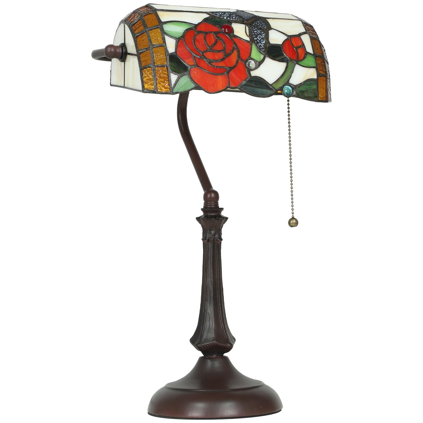 Tiffany-Style Glass Table Lamp with Rose and Butterfly Design, Handcrafted Antique Bedside Lamp with Dual Switch Control for Living Room and Bedroom, E27 Socket, No Assembly Required, Red