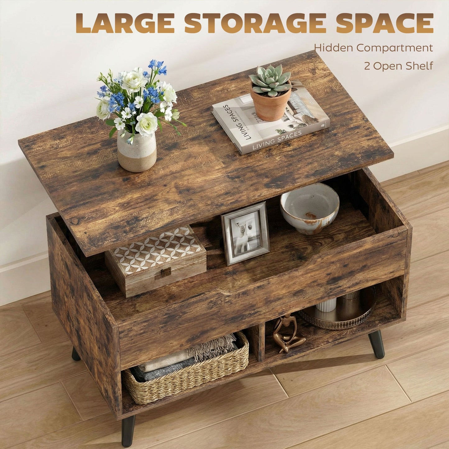 Industrial Lift Top Coffee Table, Living Room Table with Hidden Compartment, Open Shelves and Metal Legs, 75 cm, Rustic Brown