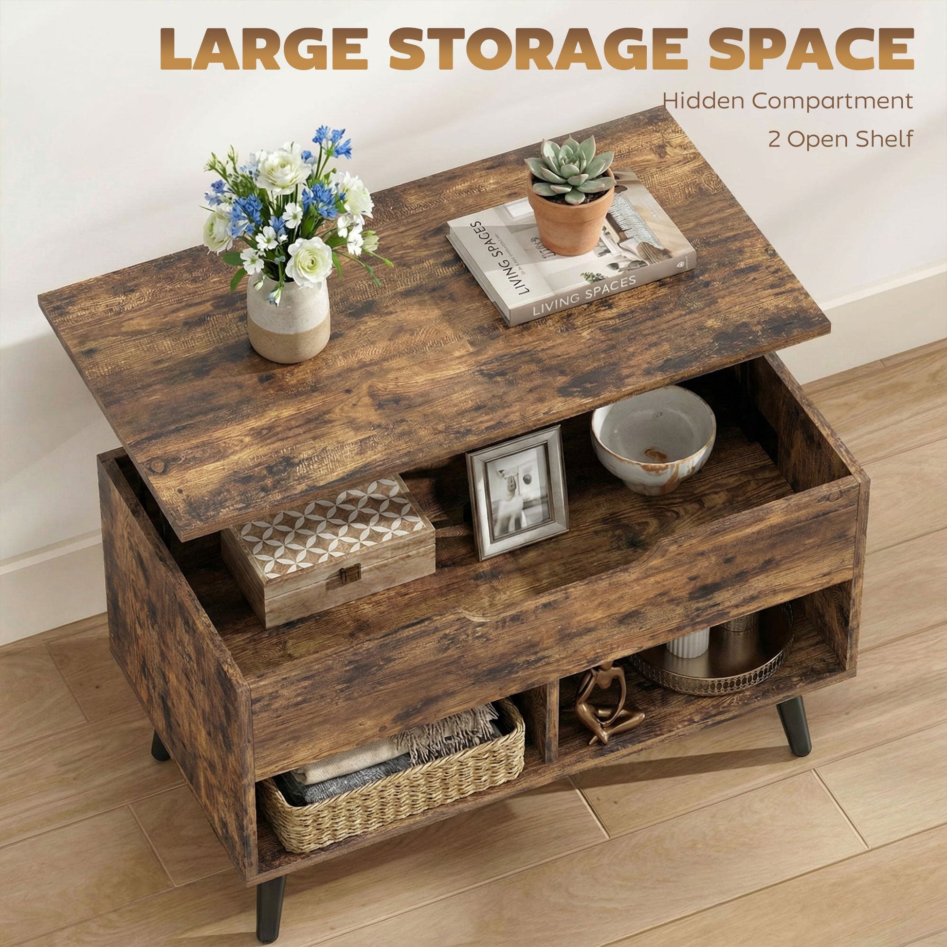 Industrial Lift Top Coffee Table, Living Room Table with Hidden Compartment, Open Shelves and Metal Legs, 75 cm, Rustic Brown