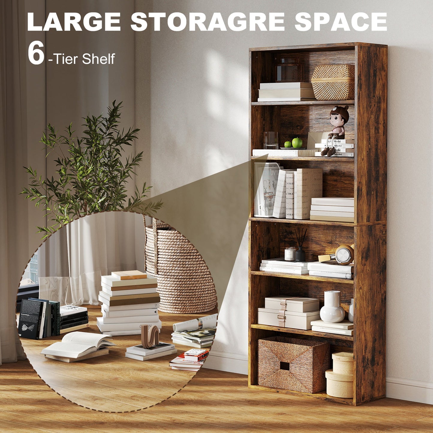 6 Tier Bookshelf, Freestanding Bookcase with Adjustable Shelves, Display Storage Unit for Living Room, Bedroom, Study, 60 x 24 x 158.5 cm, Rustic Brown