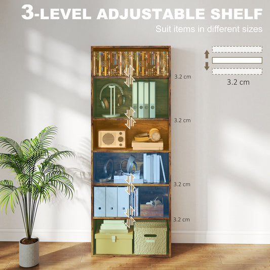 6 Tier Bookshelf, Freestanding Bookcase with Adjustable Shelves, Display Storage Unit for Living Room, Bedroom, Study, 60 x 24 x 158.5 cm, Rustic Brown