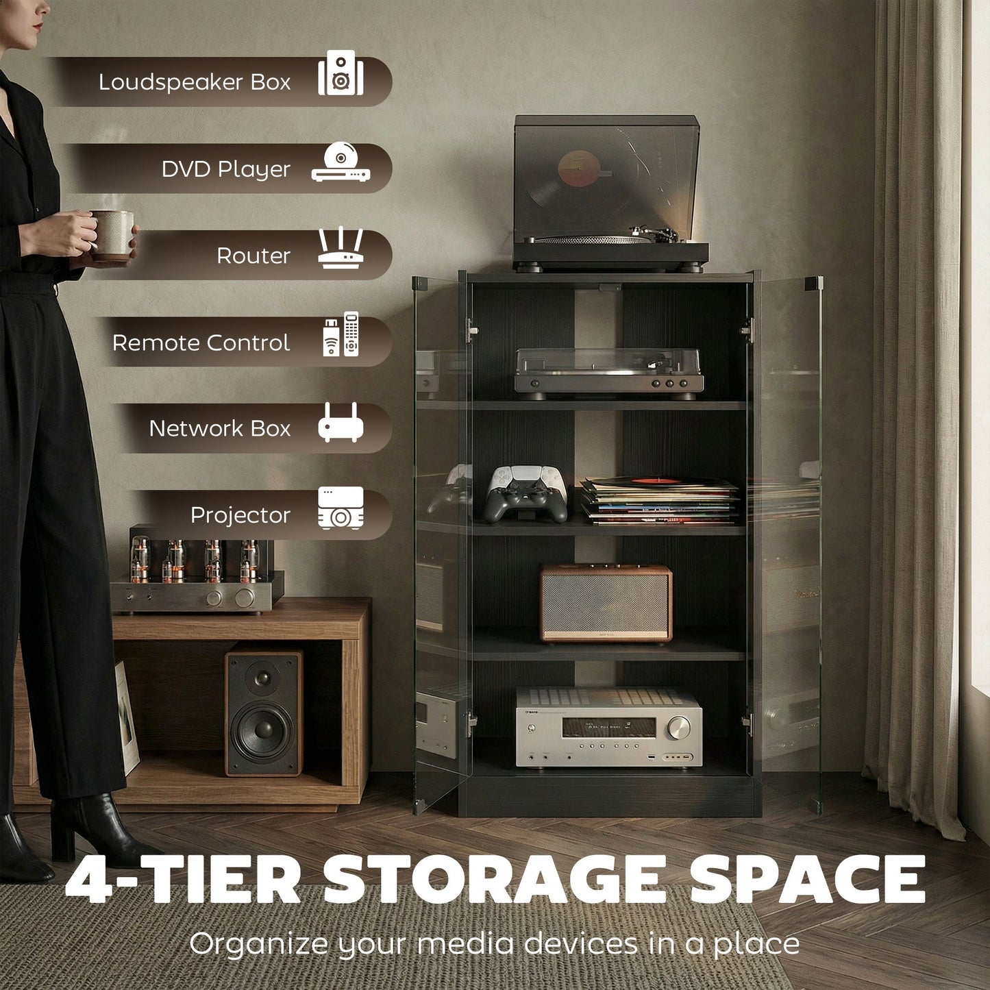 Record Player Stand with Storage, 4-Tier Hi-Fi Stand, Media Cabinet with Adjustable Shelves, Push-to-Open Glass Doors and Cable Management for Music Room and Living Room, Black Wood-Effect