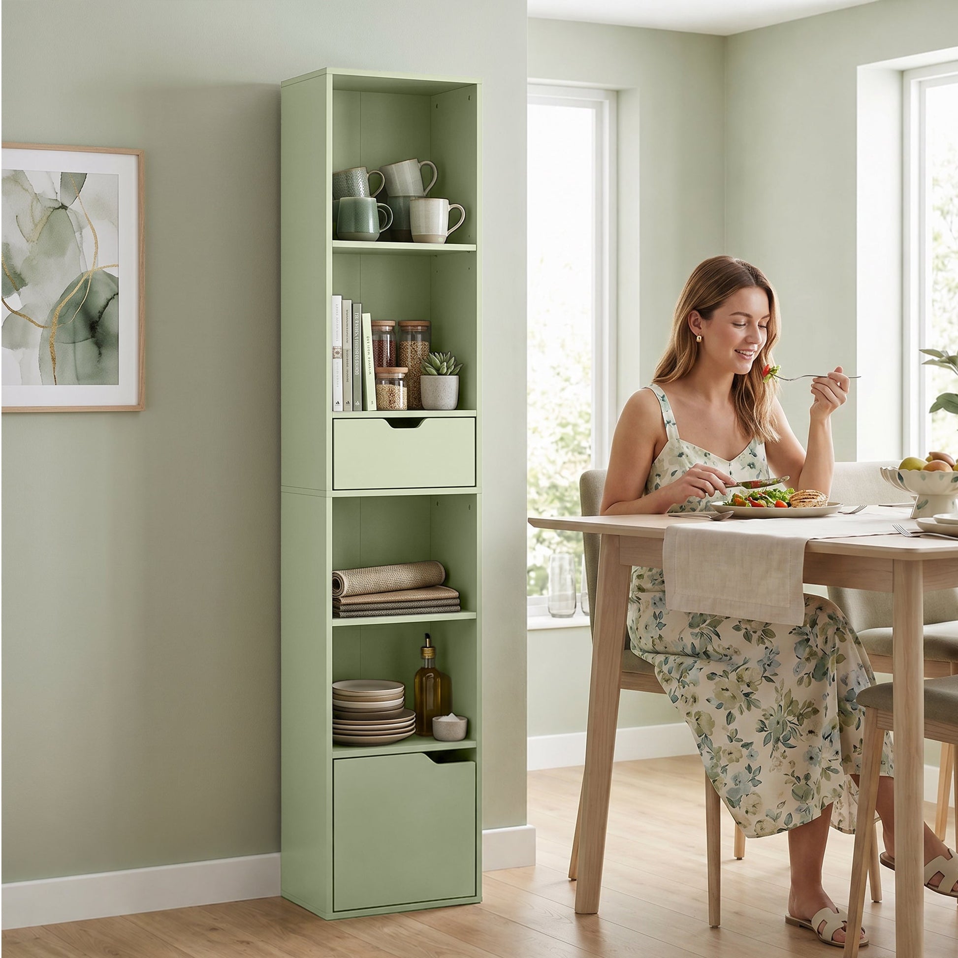 6-Tier Bookcase, Tall Narrow Bookshelf with Drawer, Door, Adjustable Shelf, Modern Display Standing Shelving Unit for Living Room, Home Office, Bedroom, 30 x 24 x 158 cm, Green