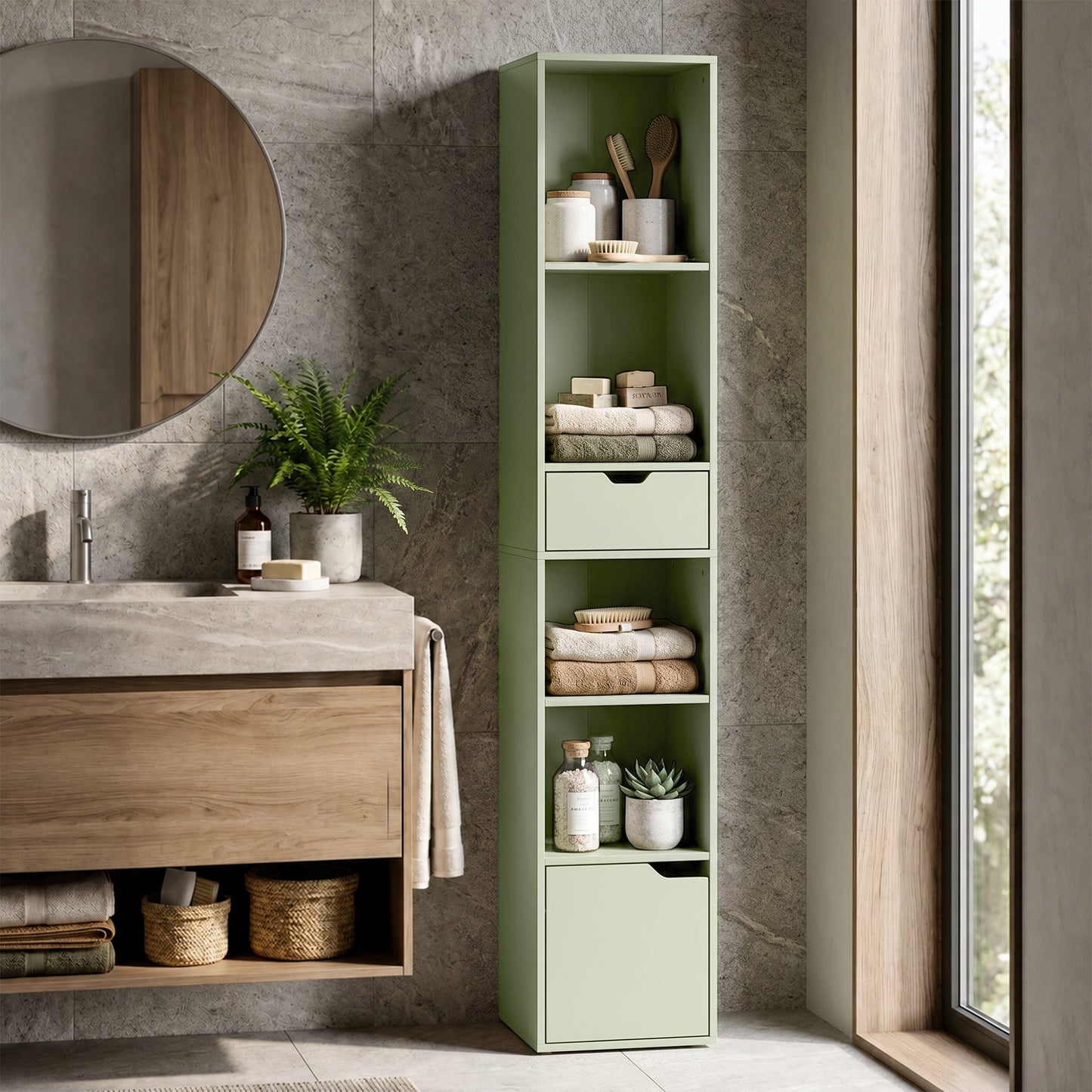6-Tier Bookcase, Tall Narrow Bookshelf with Drawer, Door, Adjustable Shelf, Modern Display Standing Shelving Unit for Living Room, Home Office, Bedroom, 30 x 24 x 158 cm, Green