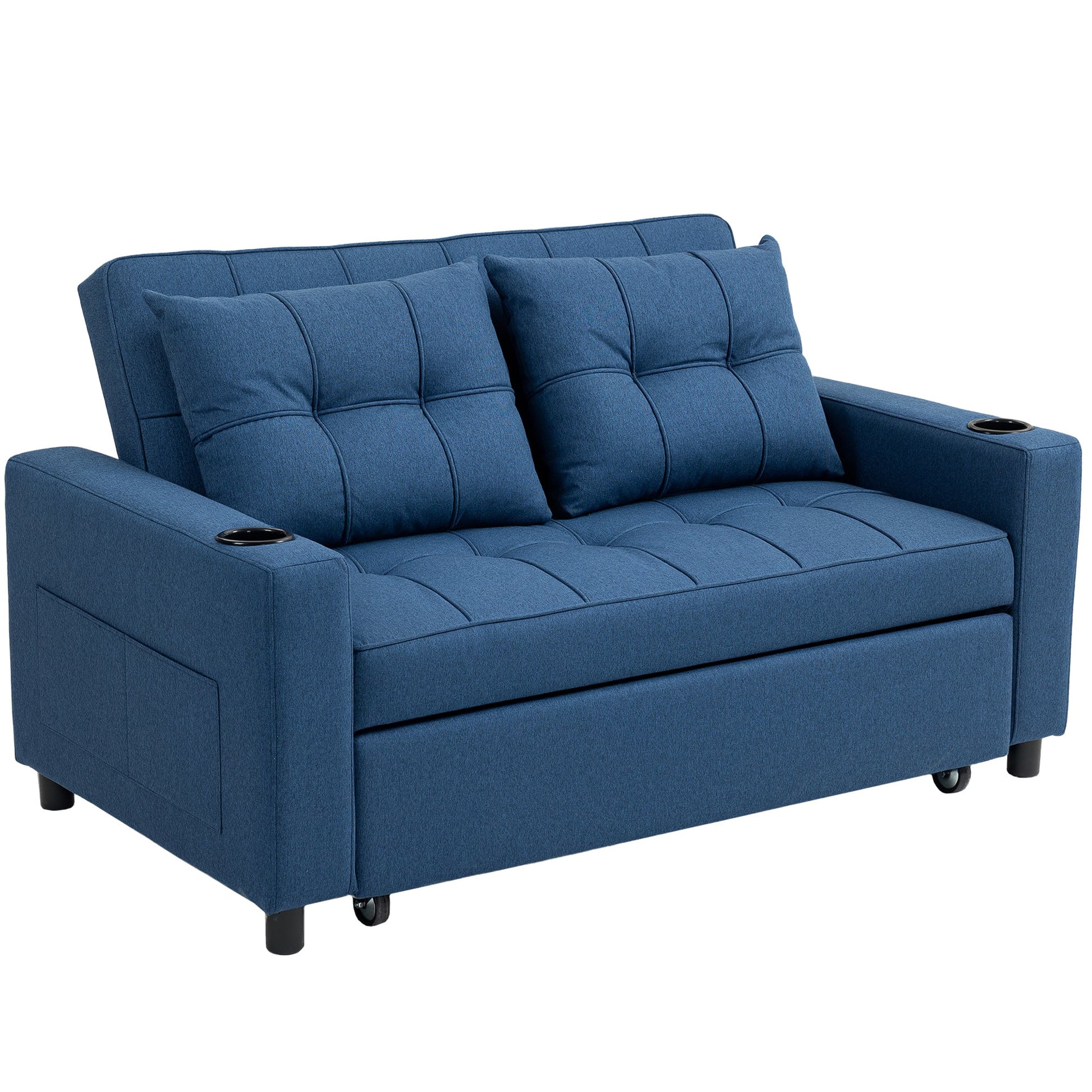3-in-1 2 Seater Sofa Bed, Convertible Sleeper Sofa with Adjustable Backrest, Fabric Pull Out Loveseat Bed with 2 Pillows, Side Pockets and Cup Holders for Living Room, Bedroom, Dark Blue