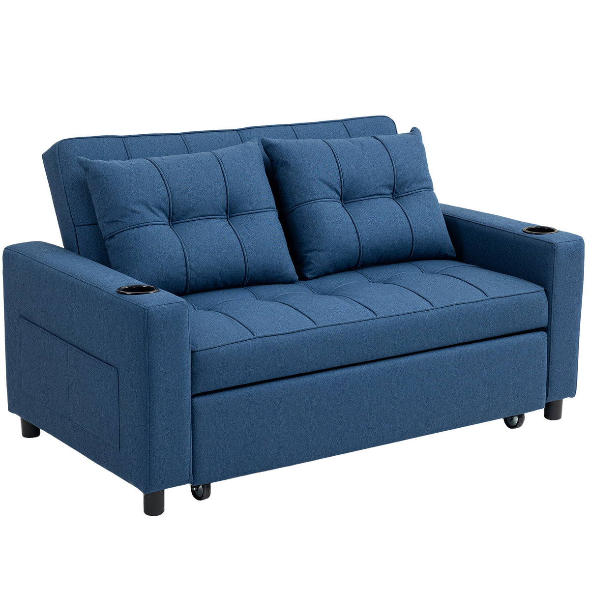3-in-1 2 Seater Sofa Bed, Convertible Sleeper Sofa with Adjustable Backrest, Fabric Pull Out Loveseat Bed with 2 Pillows, Side Pockets and Cup Holders for Living Room, Bedroom, Dark Blue