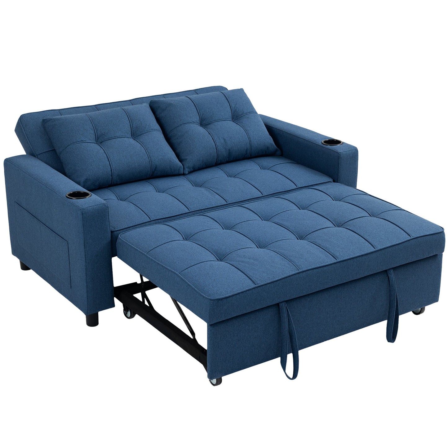 3-in-1 2 Seater Sofa Bed, Convertible Sleeper Sofa with Adjustable Backrest, Fabric Pull Out Loveseat Bed with 2 Pillows, Side Pockets and Cup Holders for Living Room, Bedroom, Dark Blue
